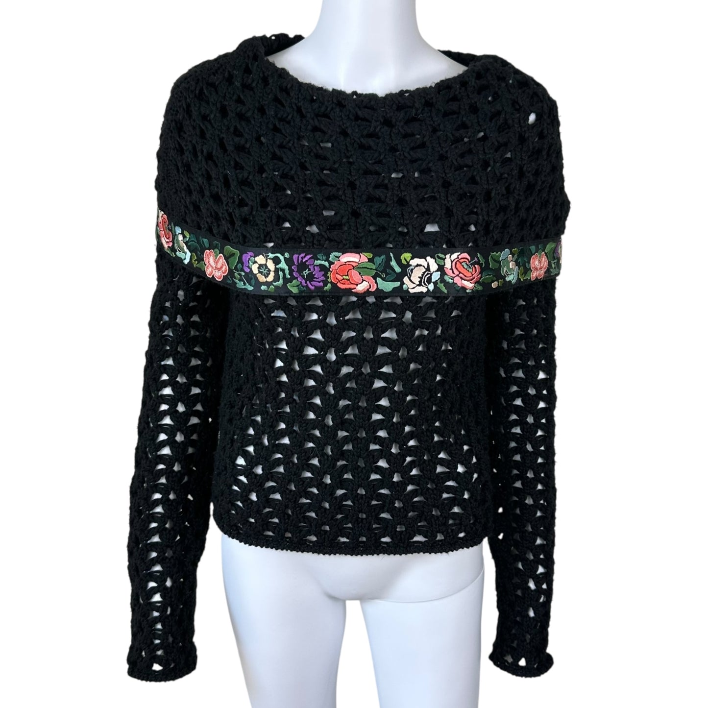 John Galliano F/W 2002 Black Open Knit Floral Trim Sweater