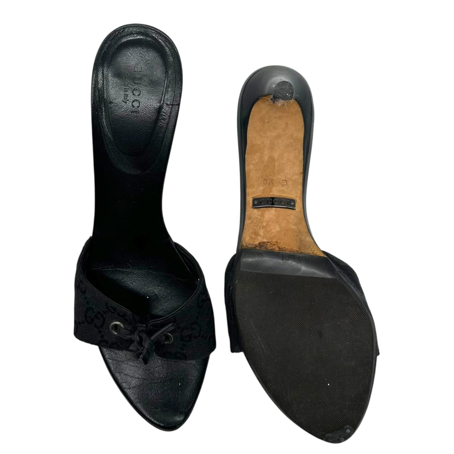 Gucci Black Leather Tie Monogram Mule Heels