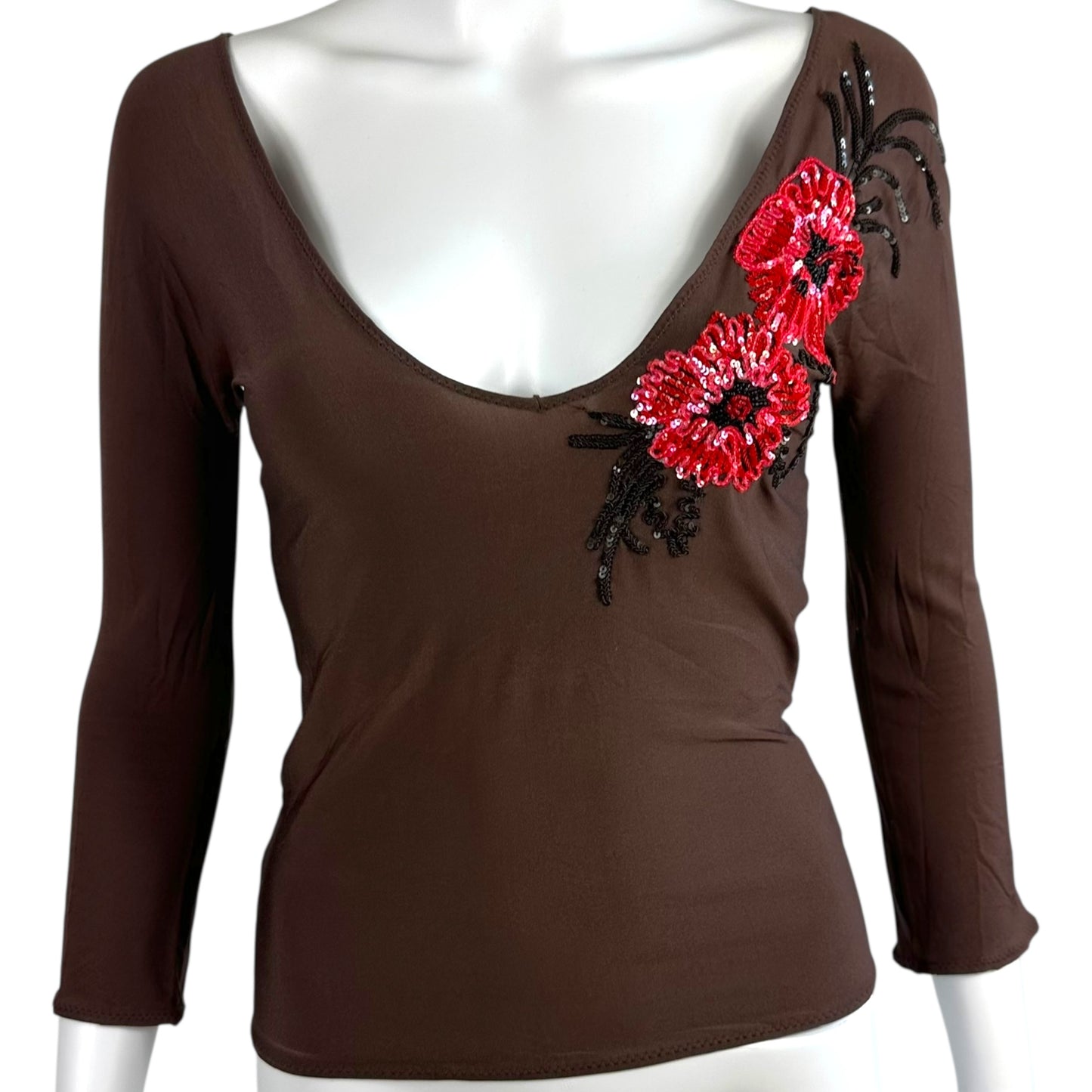 Blumarine Brown & Pink Beaded Floral 3/4 Sleeve Top