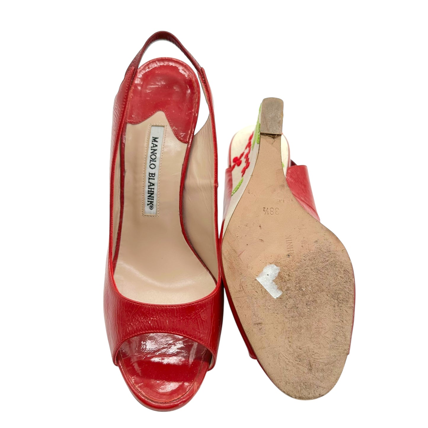 Manolo Blahnik Red Leather & Floral Embroidered Slingback Wedges