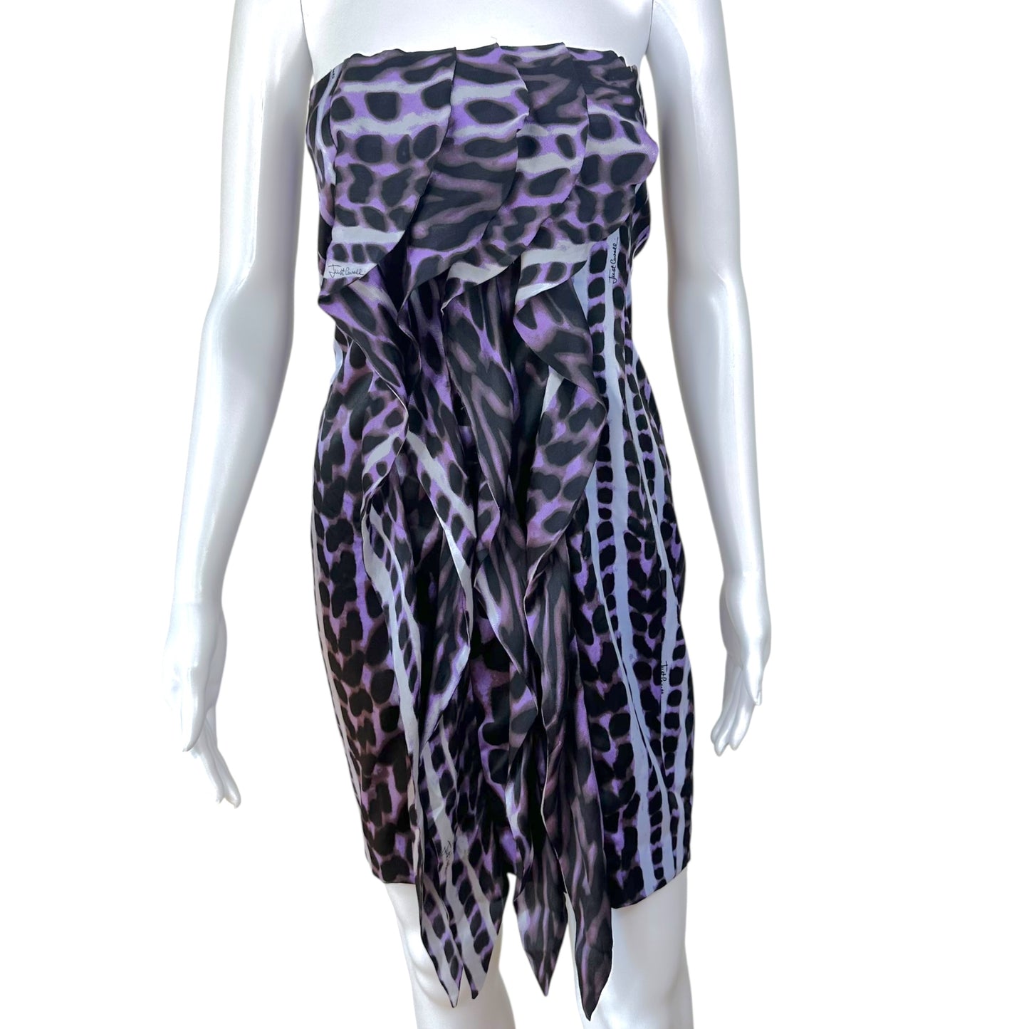 Just Cavalli Roberto Cavalli Purple Silk Printed Strapless Mini Dress