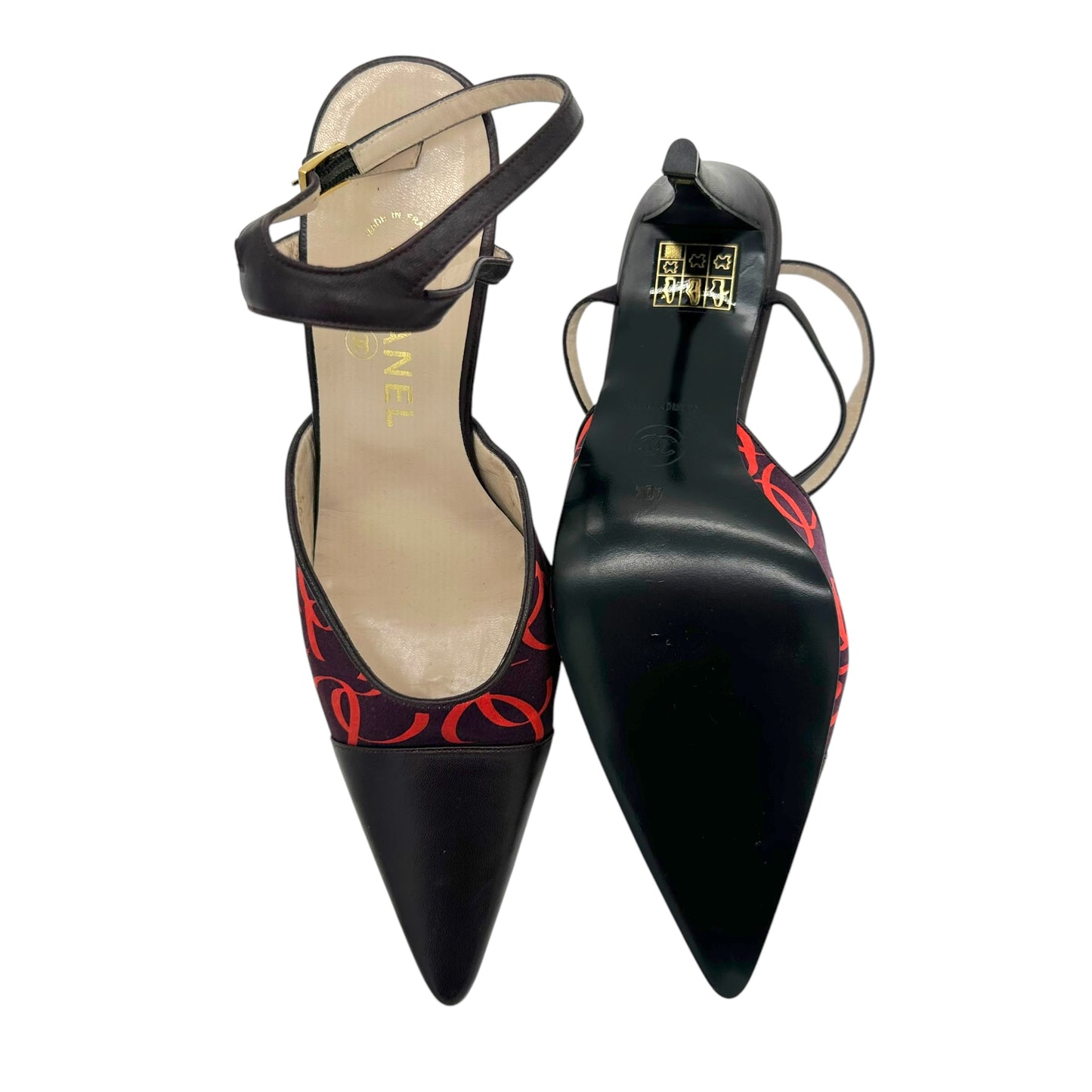 Chanel Purple & Pink Logo Pointed Toe Slingback Heels