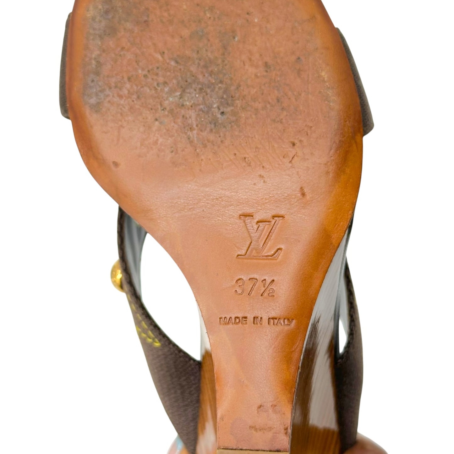 Louis Vuitton Gold Studded Cross Front Wooden Mule Heels - Outfit Repeater