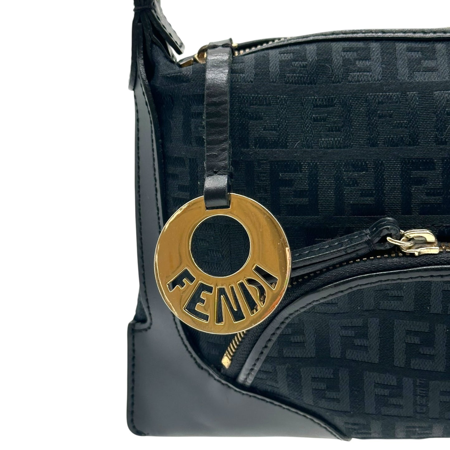 Fendi Black Zucchino Monogram Leather Trim Shoulder Bag
