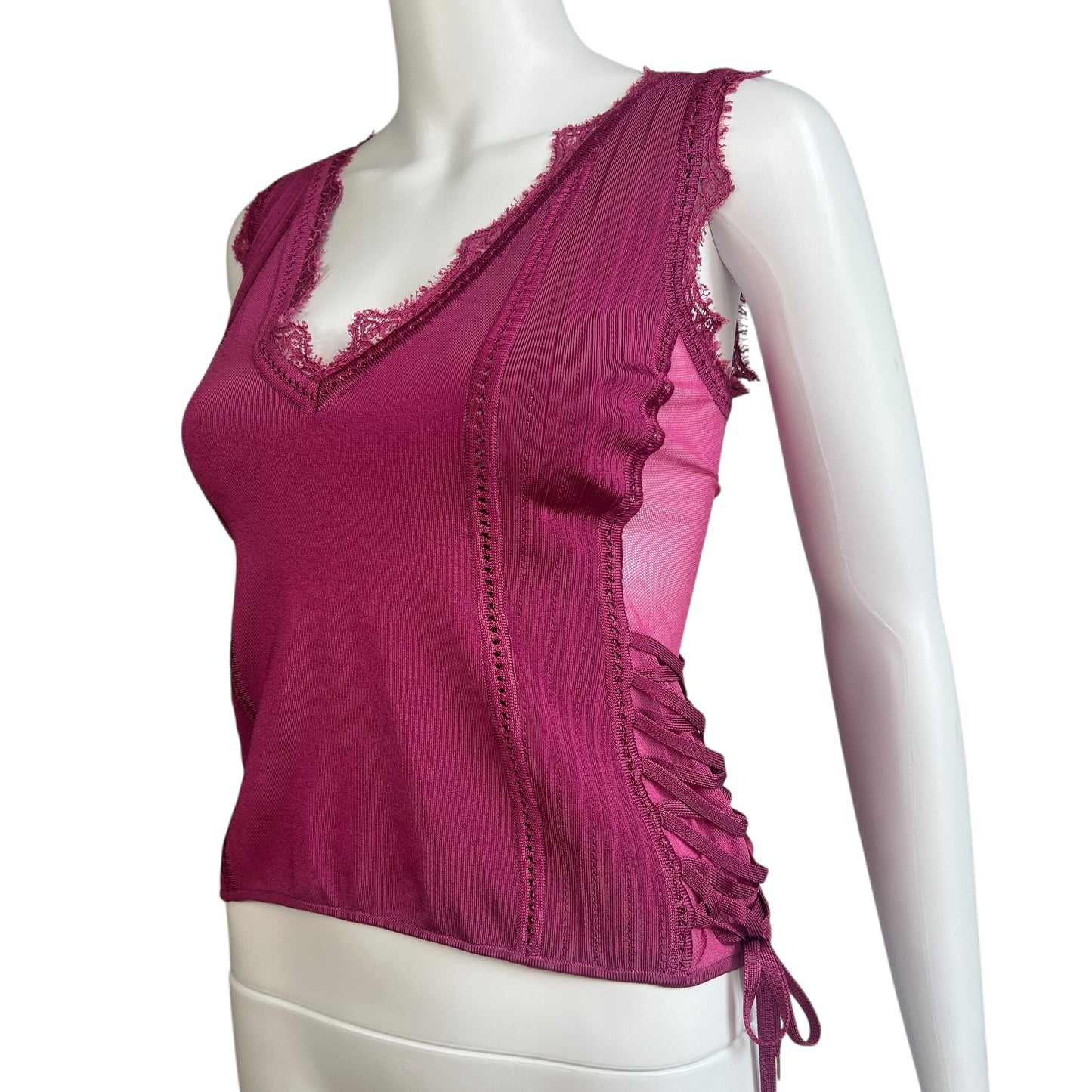 Christian Dior S/S 2005 Pink Lace Up Knit Tank