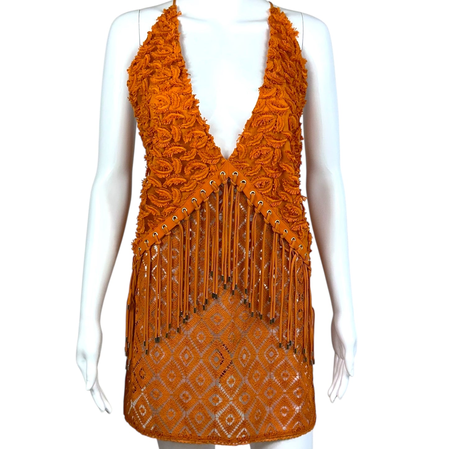 Just Cavalli Roberto Cavalli Orange Fringe & Lace Top NEW
