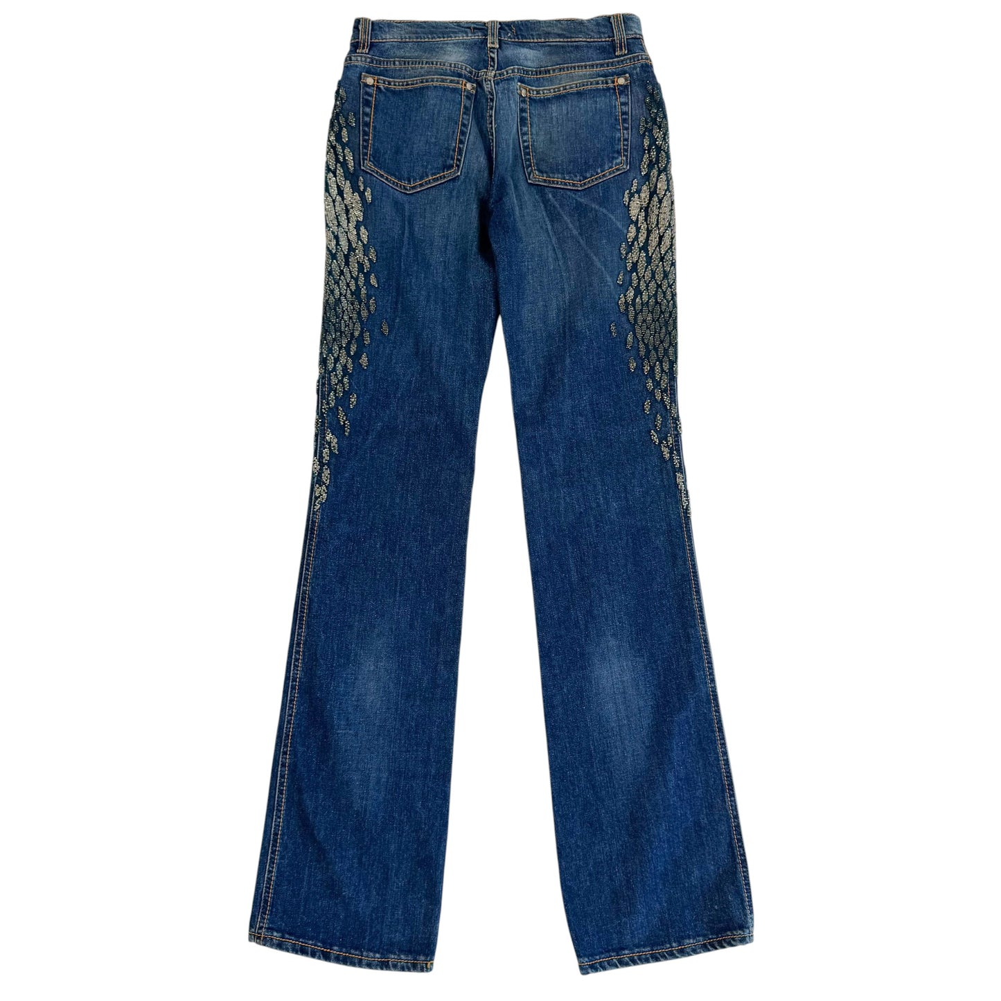 Roberto Cavalli Silver 'Scale' Beaded Dark Wash Bootcut Jeans NEW
