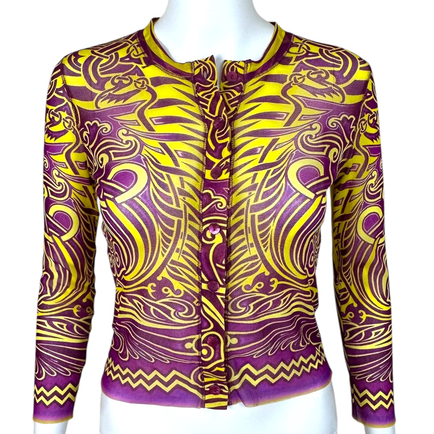 Jean Paul Gaultier Soleil 1996 Purple & Yellow Tribal Print Mesh Crop Cardigan