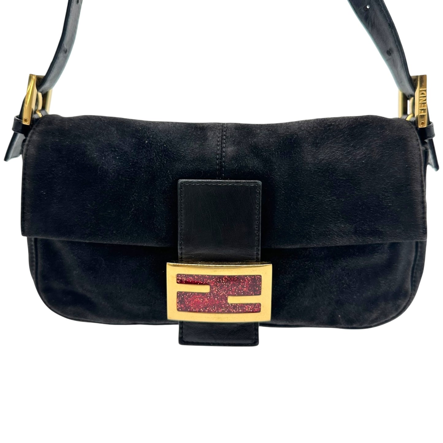 Fendi Black Suede & Red Glitter Enamel Baguette Bag