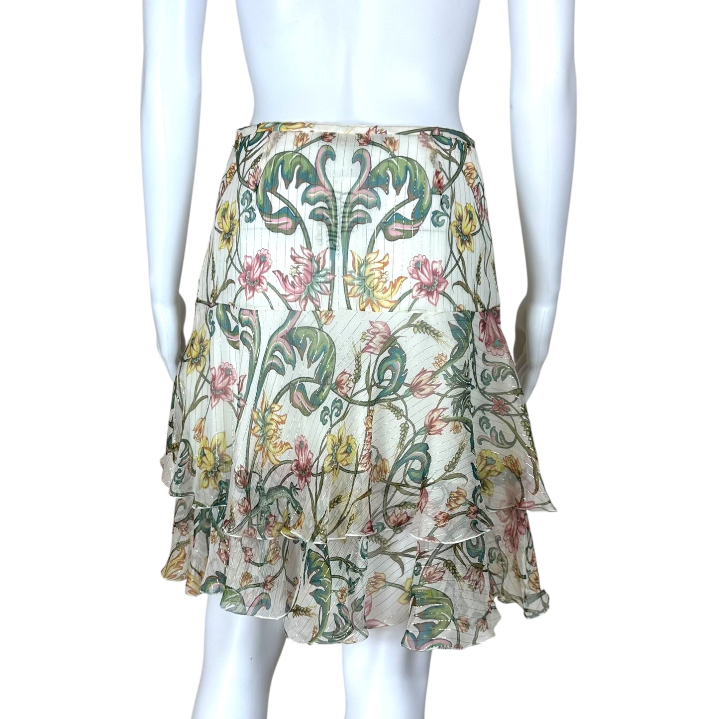 Roberto Cavalli 2012 White Floral Tiered Silk Midi Skirt