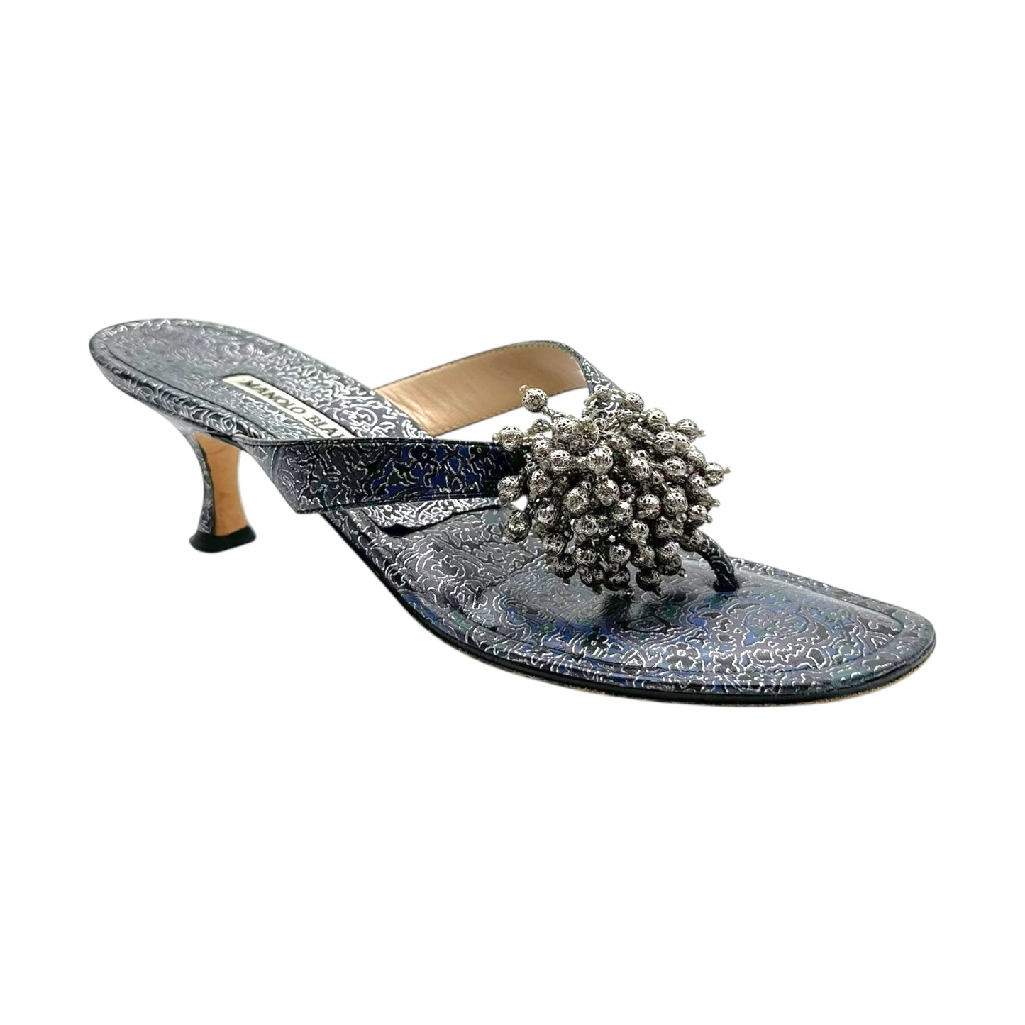 Manolo Blahnik Silver Beaded Kitten Heel Flip Flops