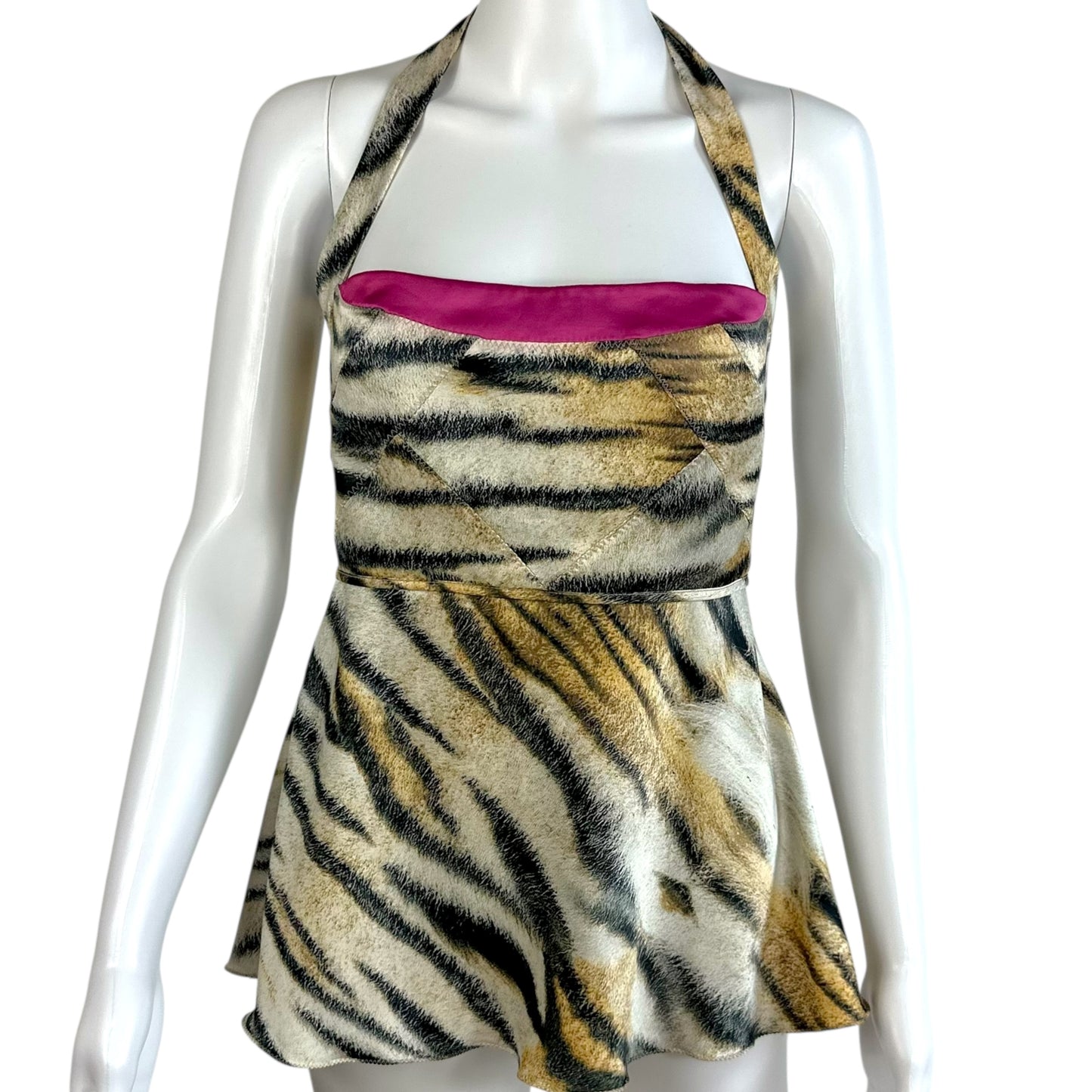Just Cavalli Roberto Cavalli Tiger Print Silk Peplum Halter Top