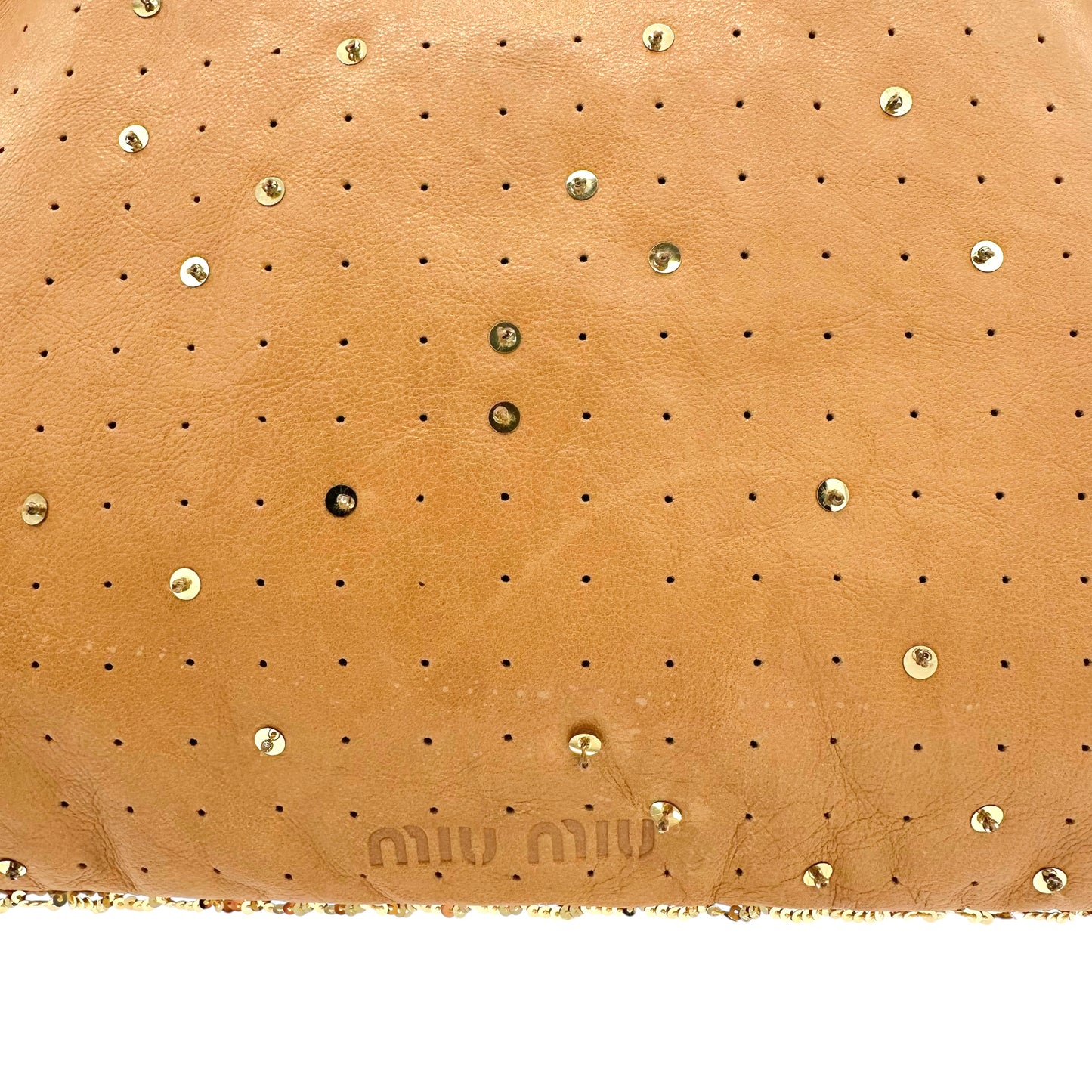 Miu Miu Tan Leather & Gold Sequin Mini Tote Bag