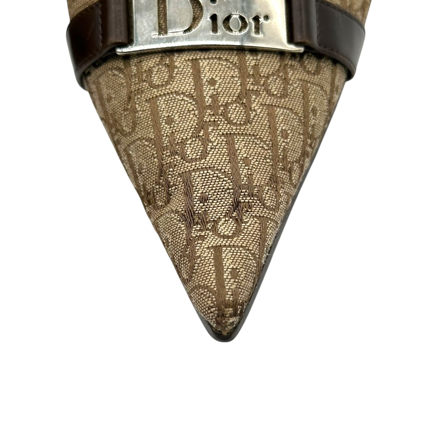 Christian Dior Tan Monogram Logo Plate Pointed Toe Heels