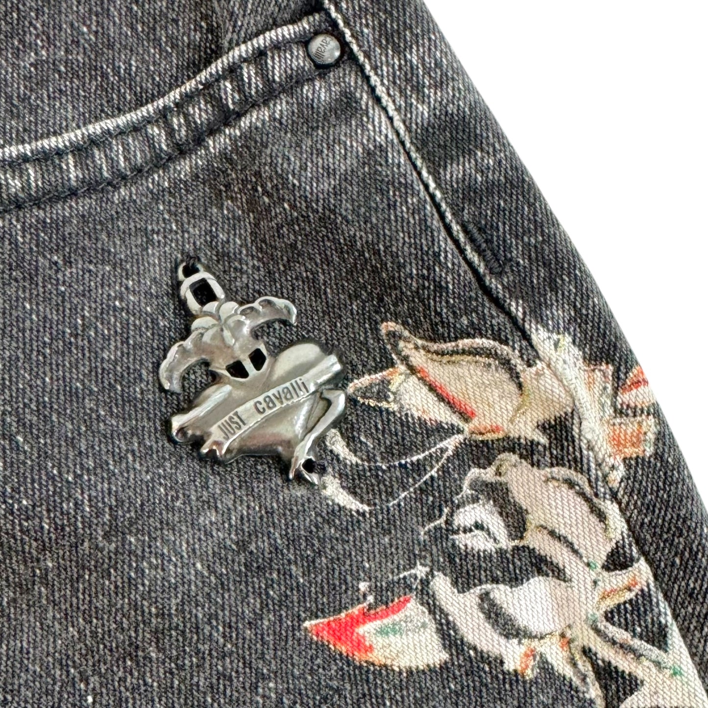 Roberto Cavalli Black Multicolor Tattoo Print Flare Jeans
