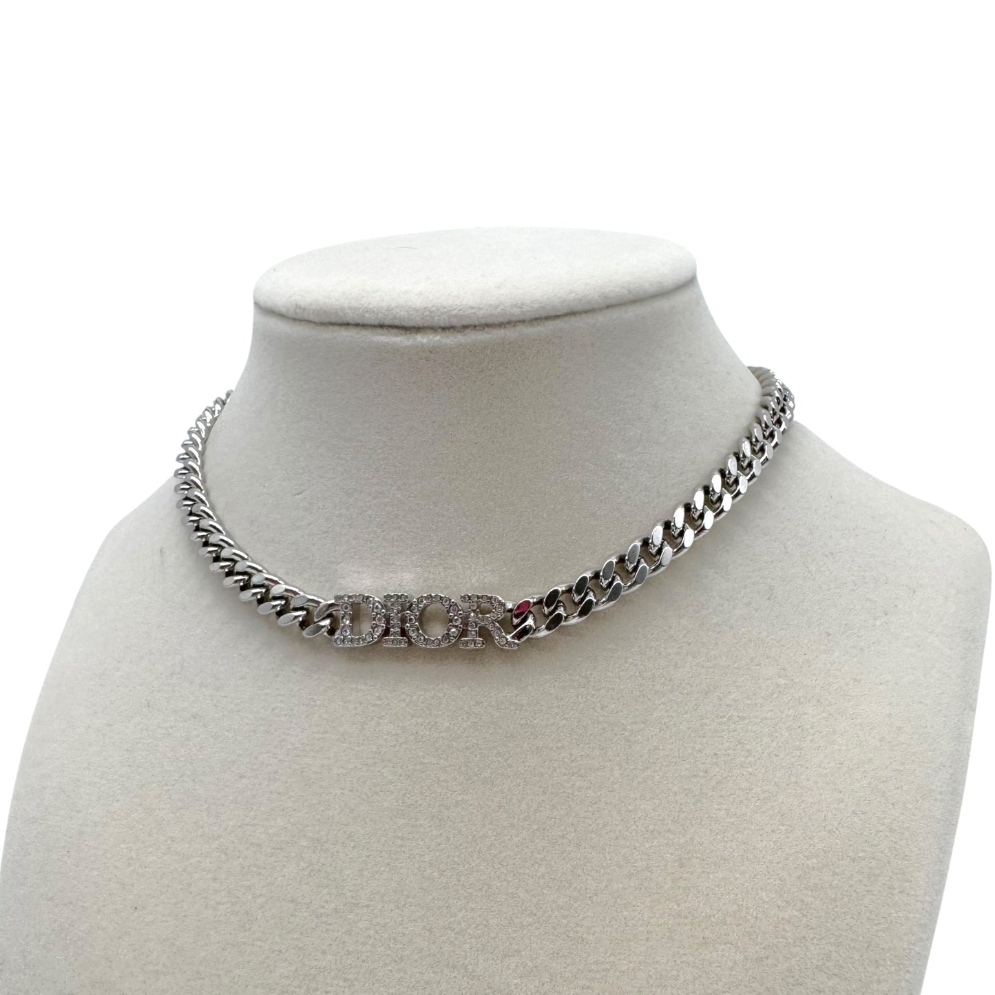 Christian Dior Silver Crystal Curb Chain Choker Necklace