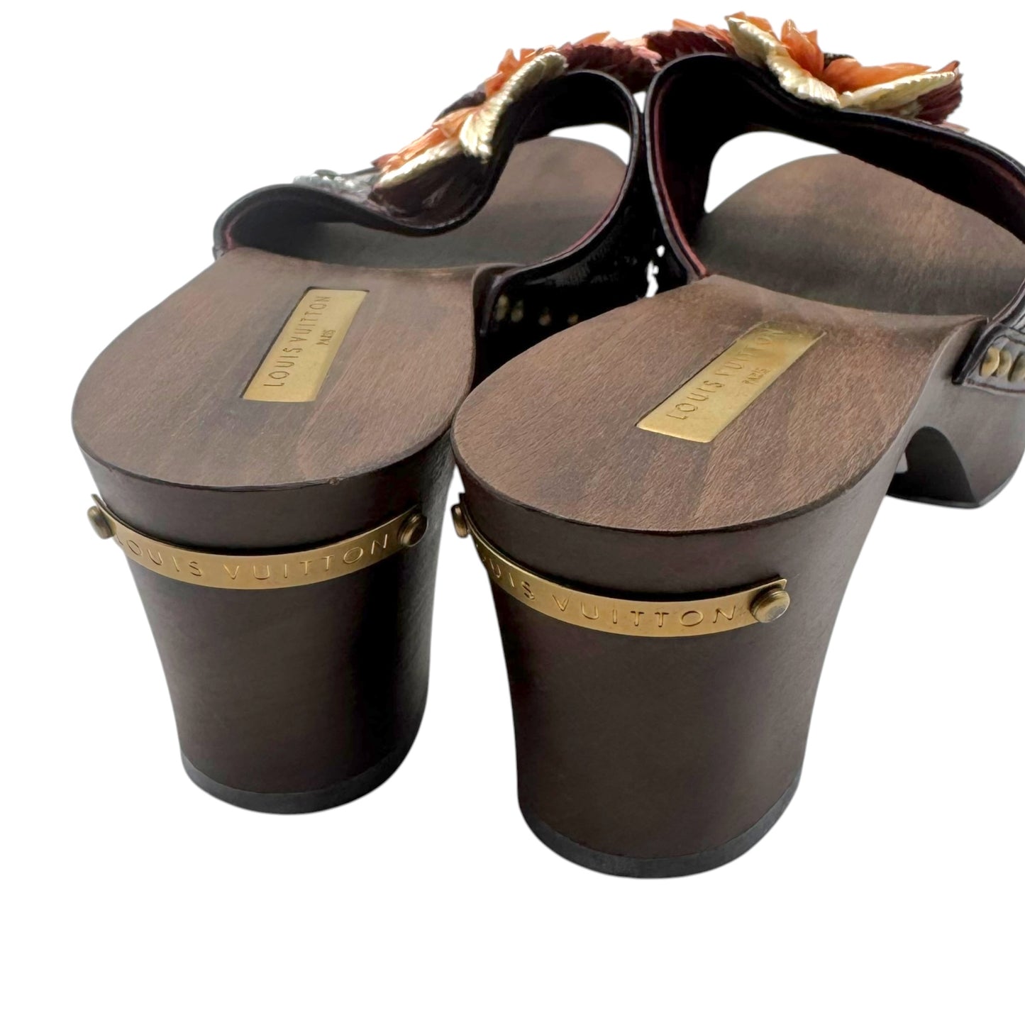 Louis Vuitton Lin Monogram & Sequin Raffia Flower Wooden Kitten Heel Mules