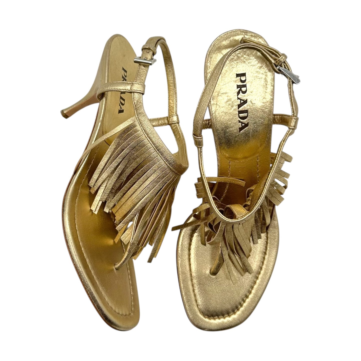 Prada Gold Fringe Kitten Heel Thong Sandals