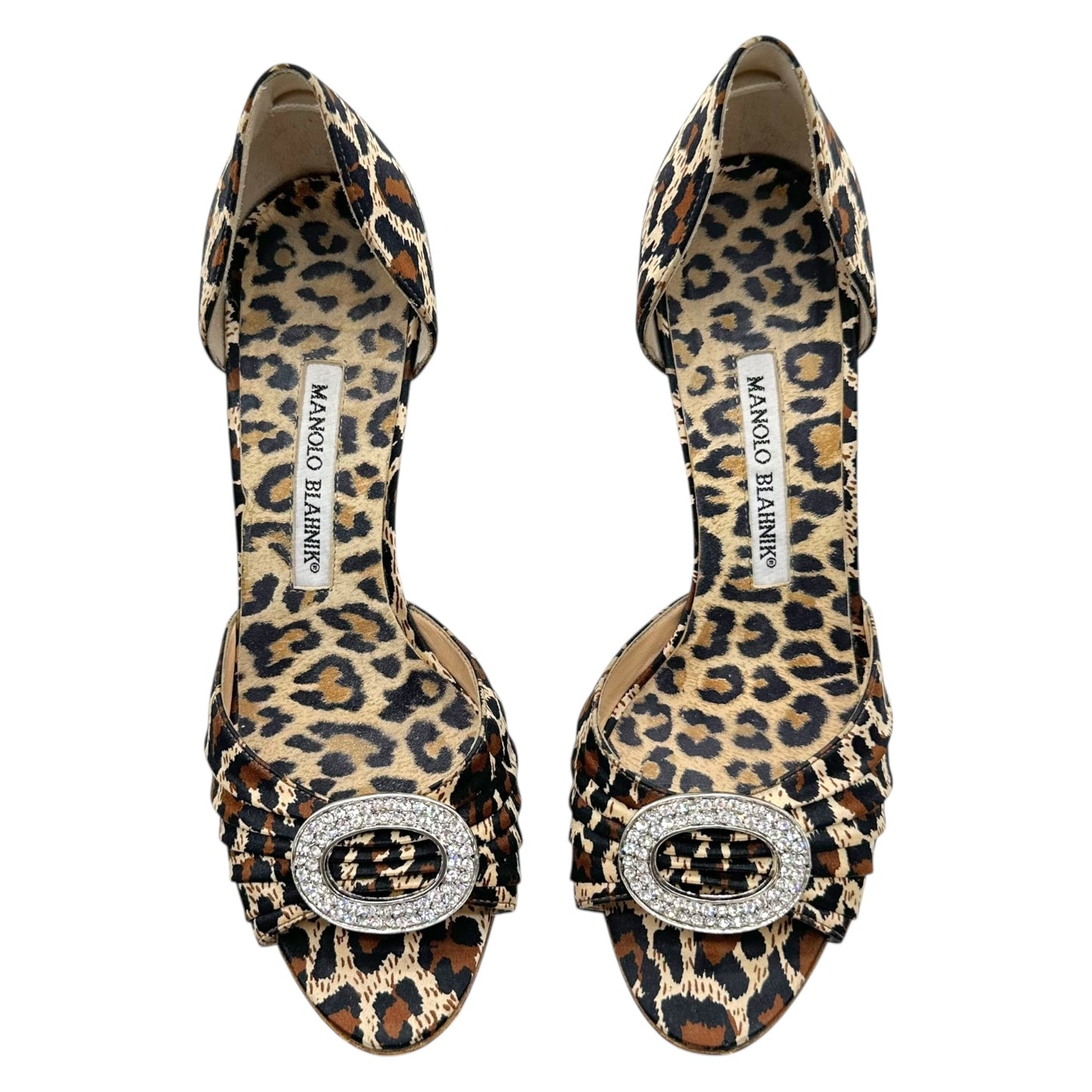 Manolo Blahnik Leopard Print Silk & Crystal D'Orsay Heels