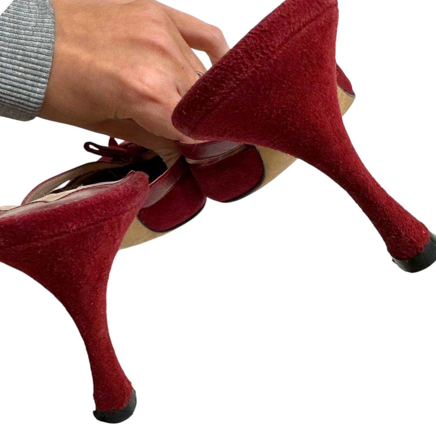 Manolo Blahnik Red Suede Bow Embellished Heeled Mules