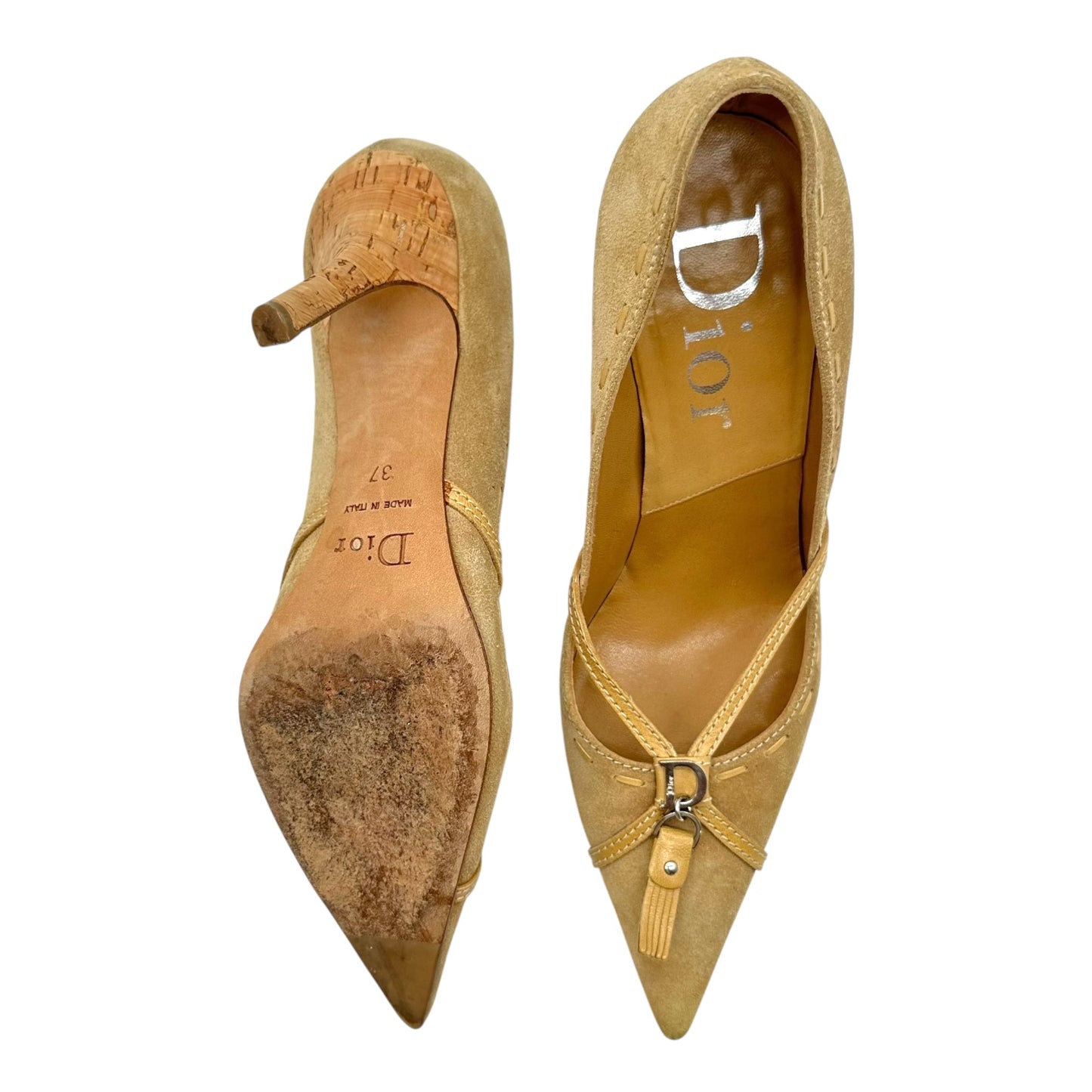 Christian Dior Tan Suede CD Logo Pointed Toe Heels