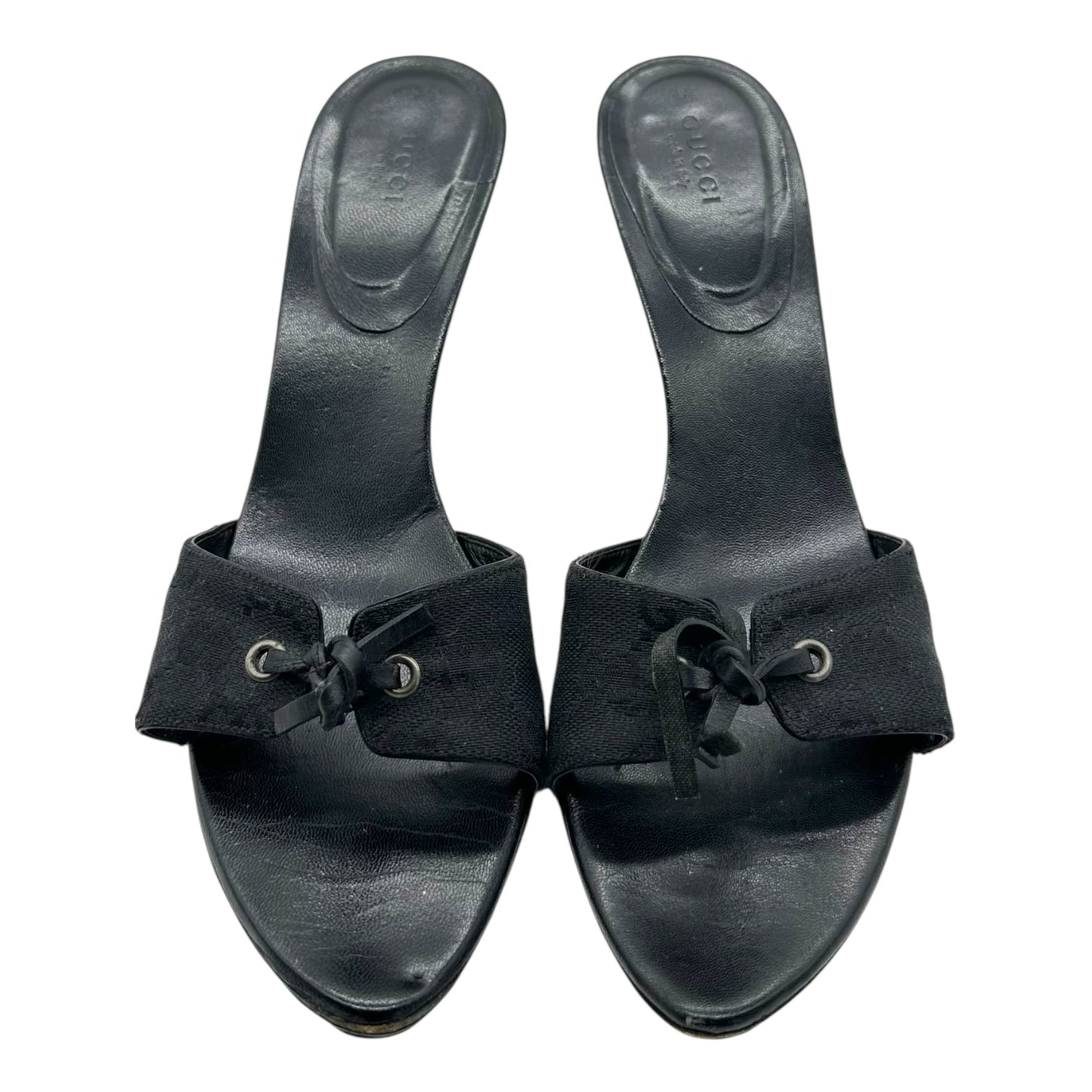 Gucci Black Leather Tie Monogram Mule Heels