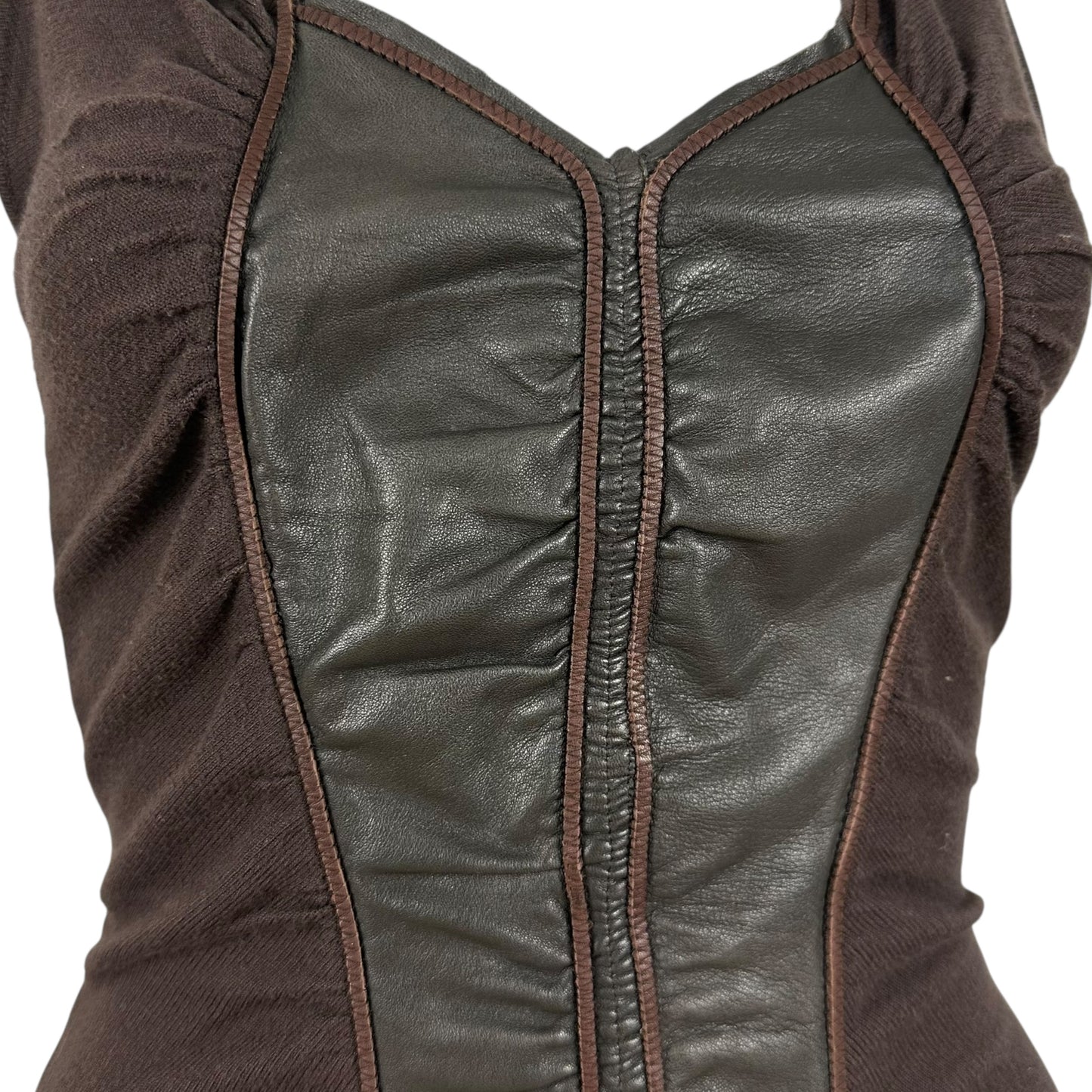 Roberto Cavalli 2003 Brown Leather Accent Ruched Tank Top
