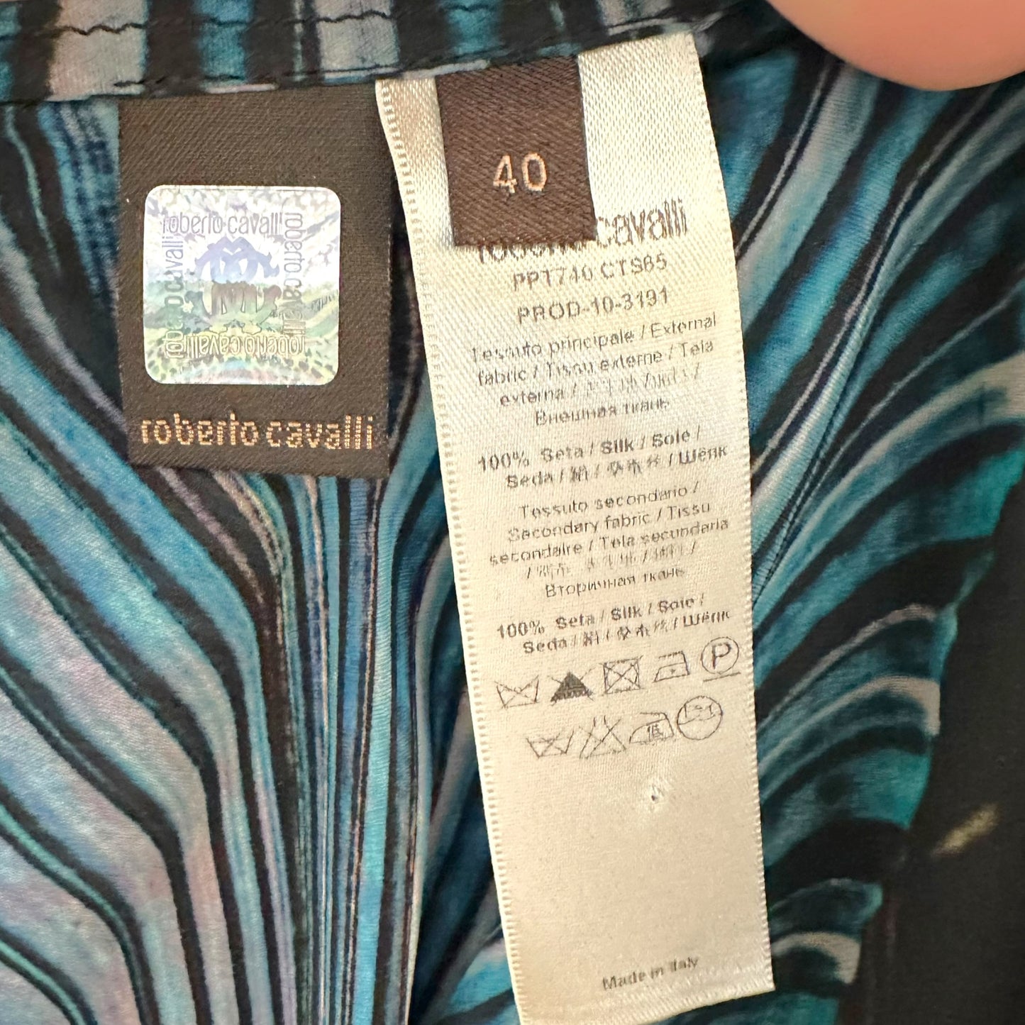 Roberto Cavalli Turquoise & Black Stripe Print Sheer Silk Dolman Blouse