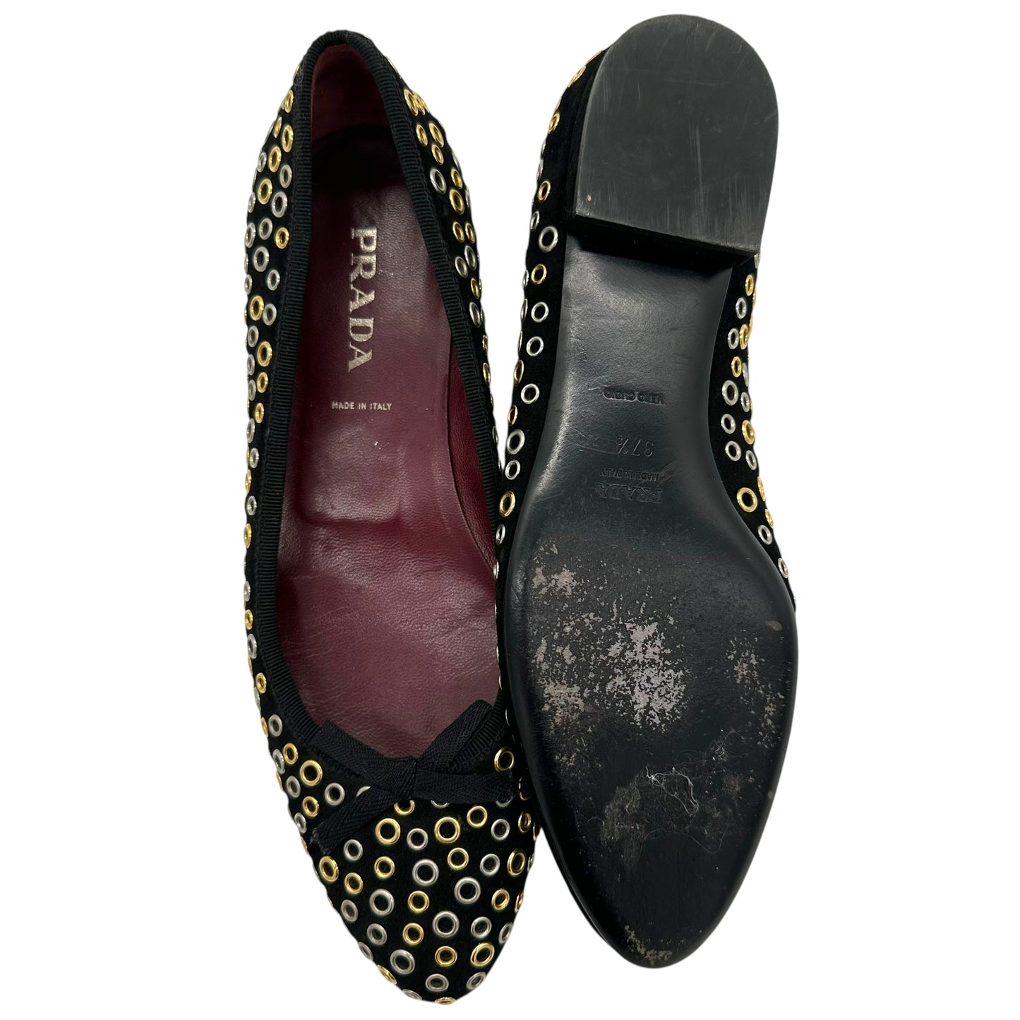 Prada Black Gold & Silver Rivet Embellished Suede Flats