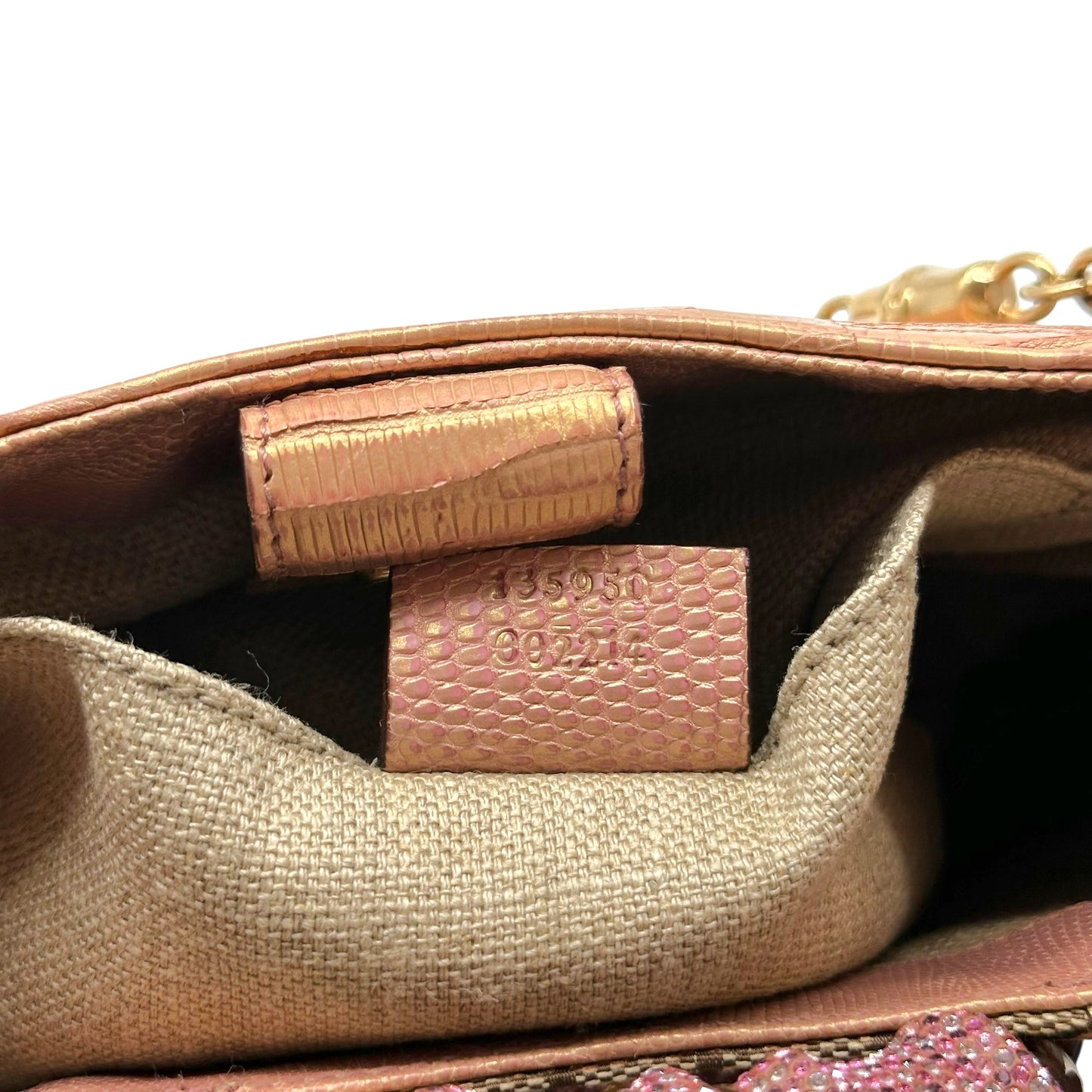 Gucci by Tom Ford S/S 2004 Tan Monogram & Pink Lizard Skin Crystal Bamboo Shoulder Bag