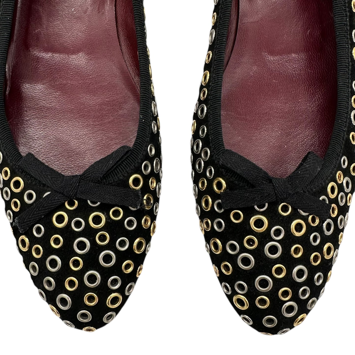 Prada Black Gold & Silver Rivet Embellished Suede Flats