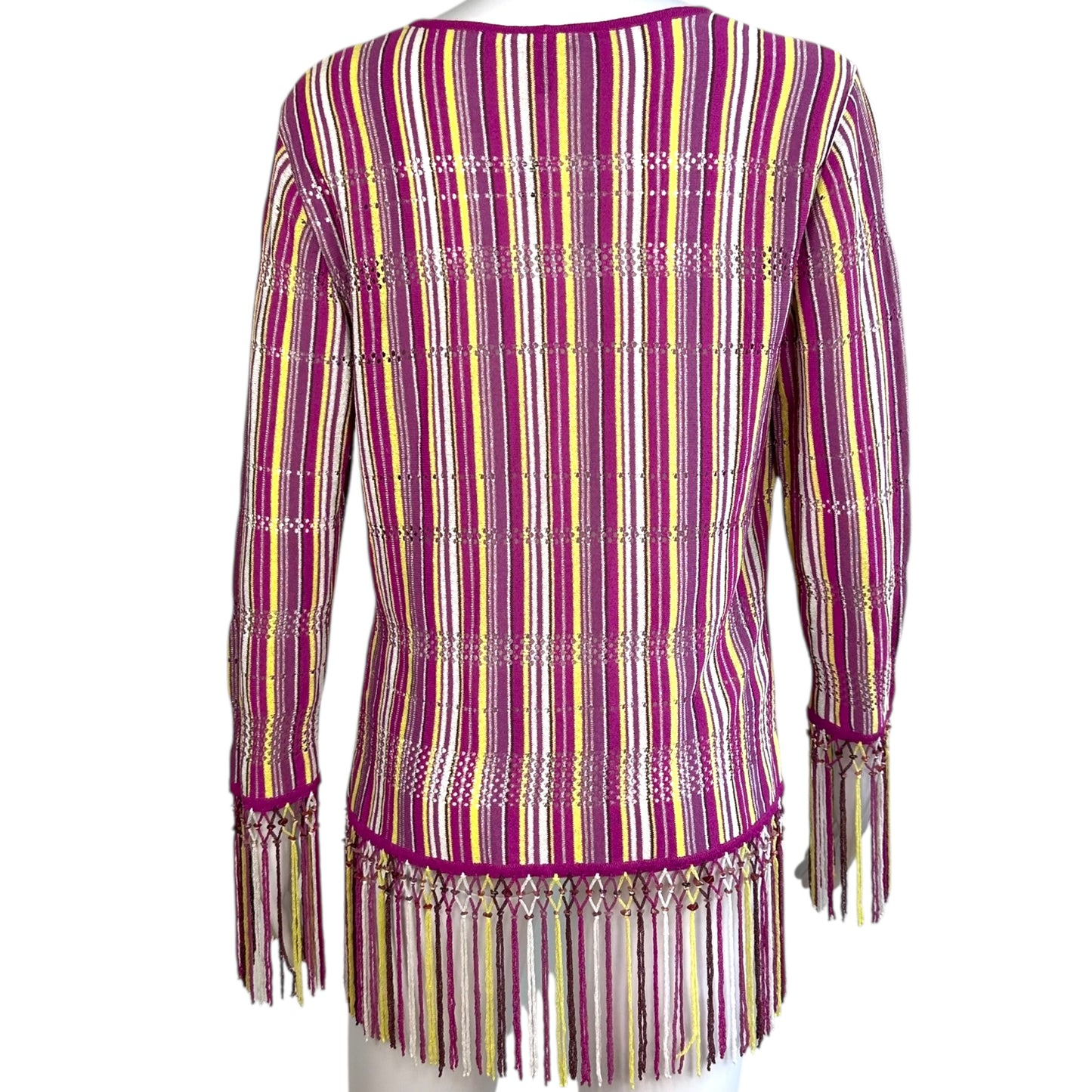 Escada Pink & Yellow Striped Beaded Fringe Cardigan