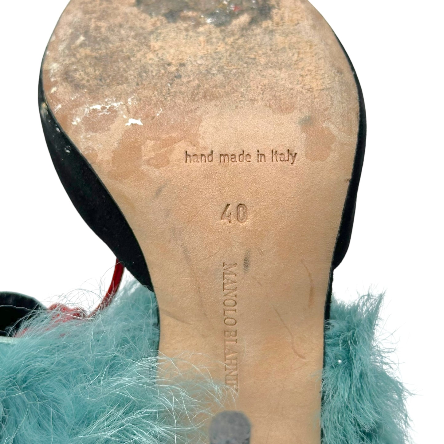 Manolo Blahnik Black Suede Teal Shearling Wrap Heels