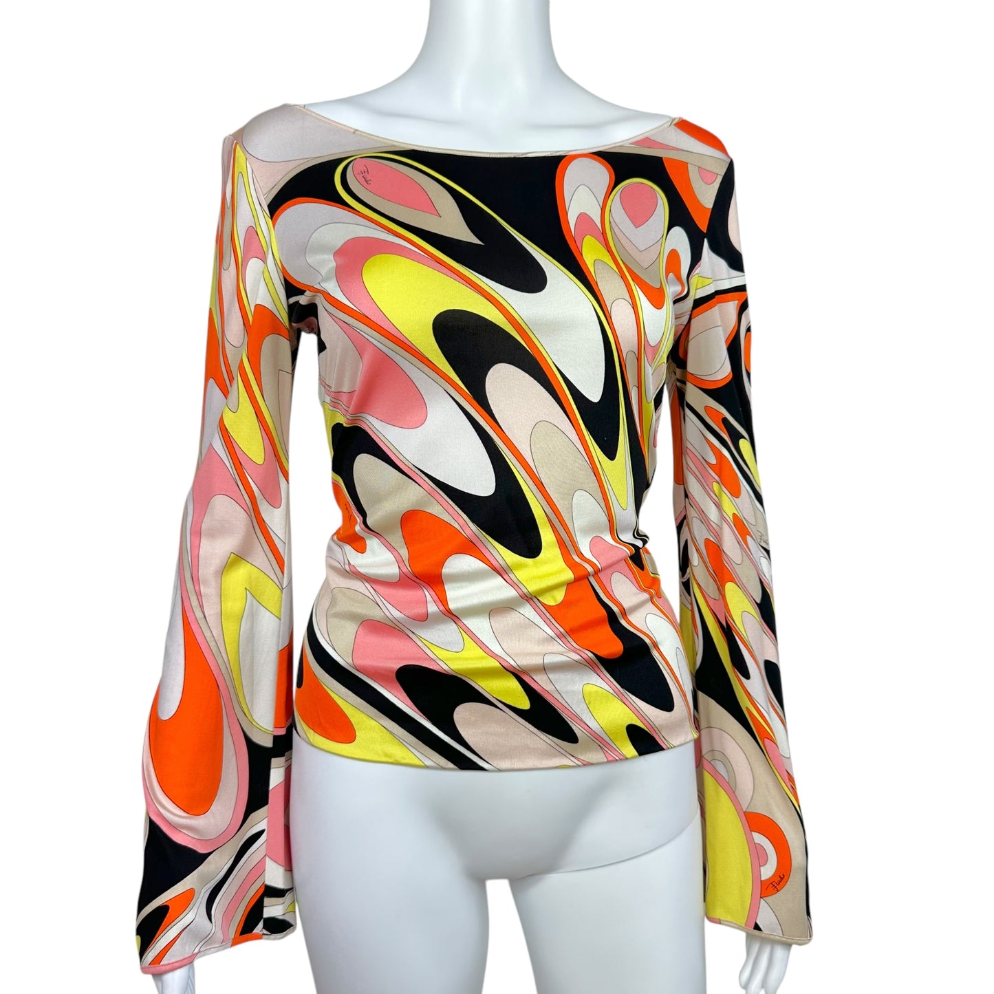 Emilio Pucci Orange Printed Silk Flare Sleeve Top