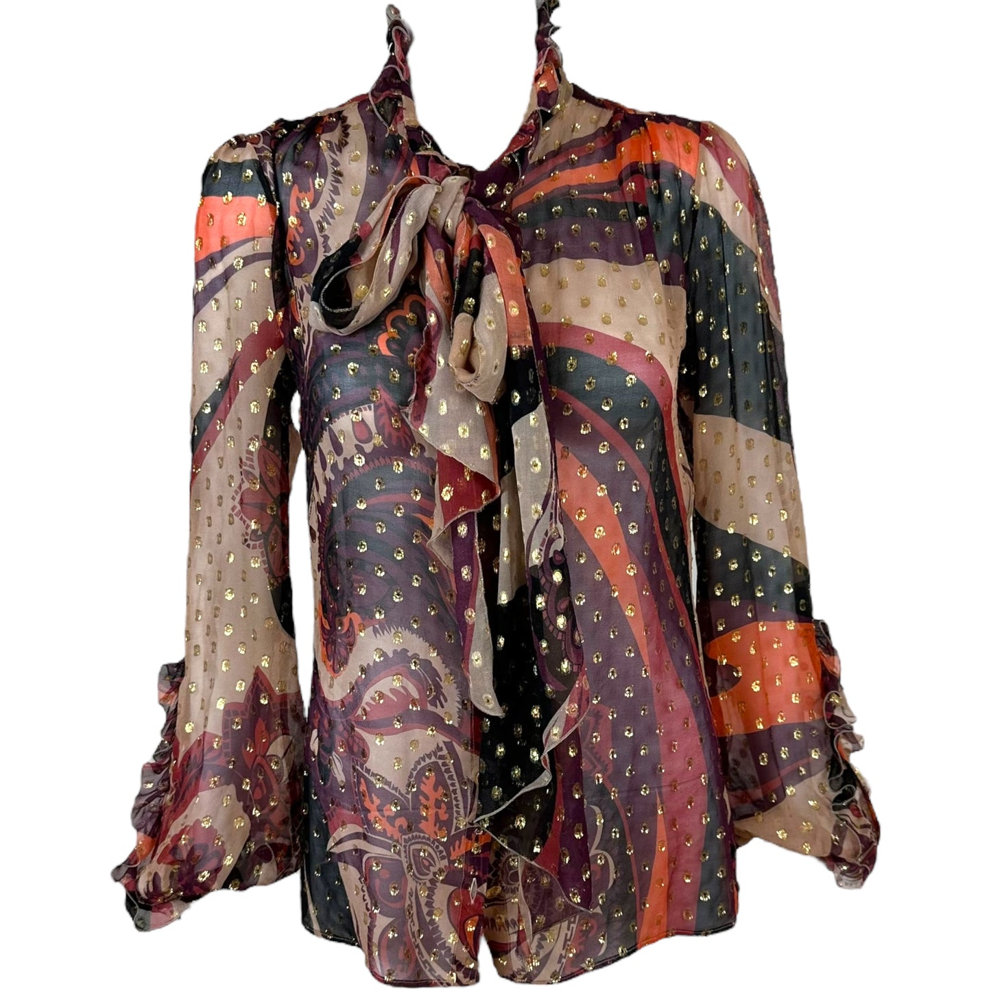 Emilio Pucci Metallic Pink Printed Silk Tie Blouse