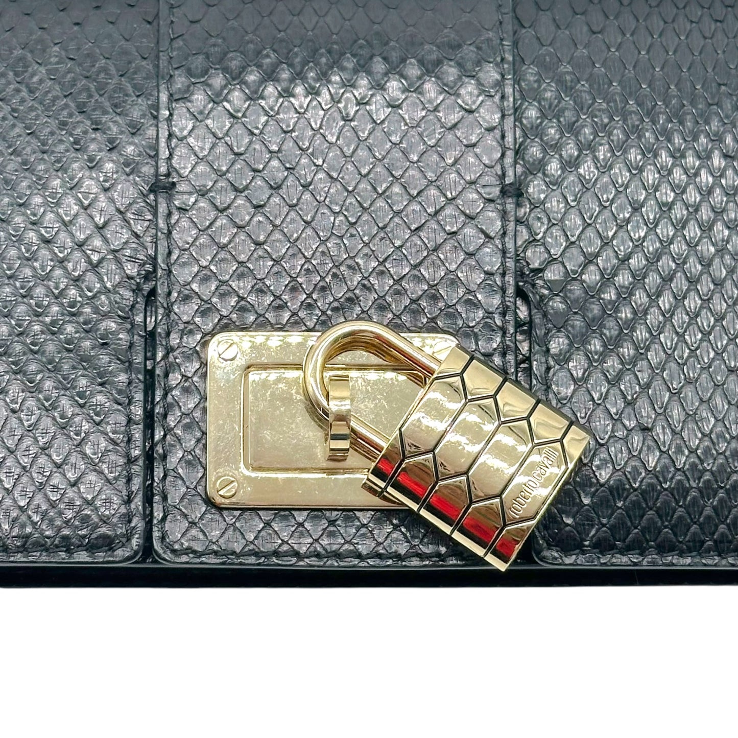 Roberto Cavalli Black Python East-West Padlock Clutch Bag