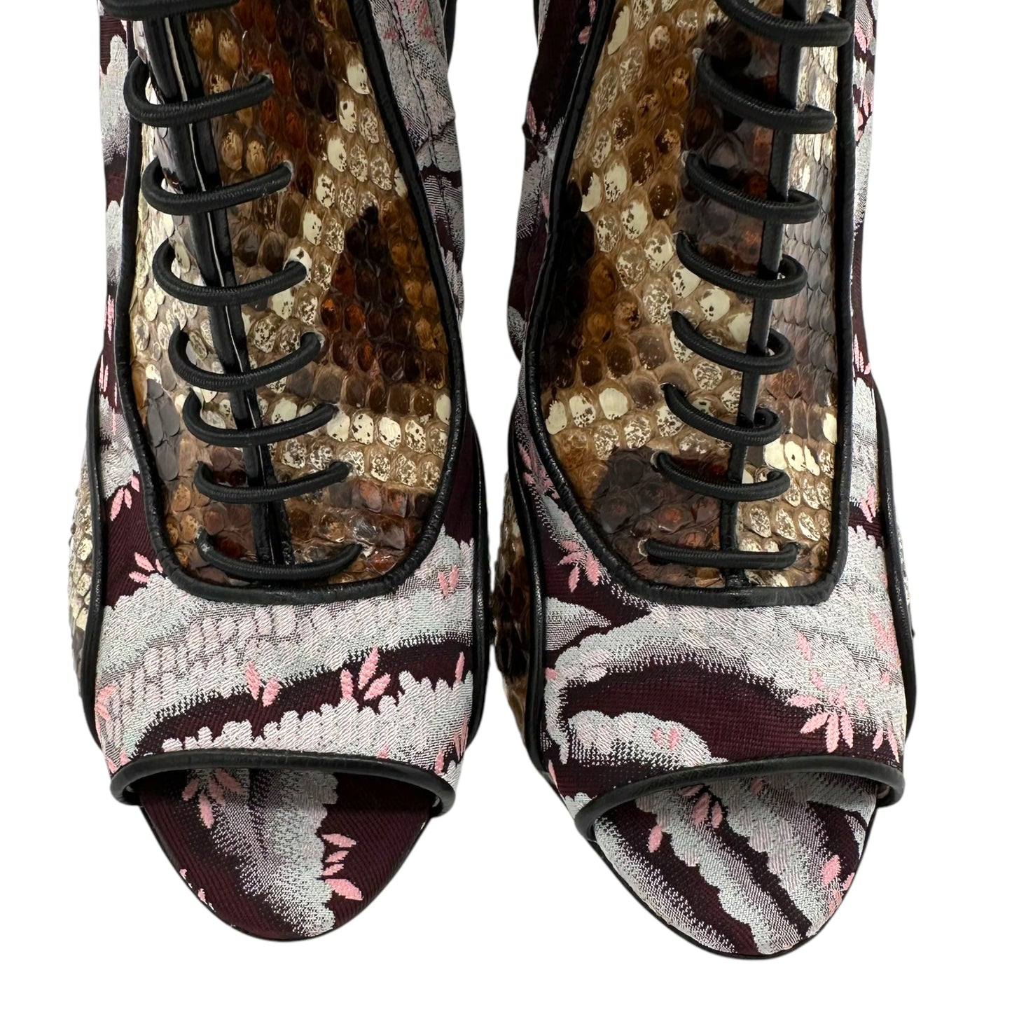 Giambattista Valli Snakeskin & Floral Lace Up Peep Toe Boots