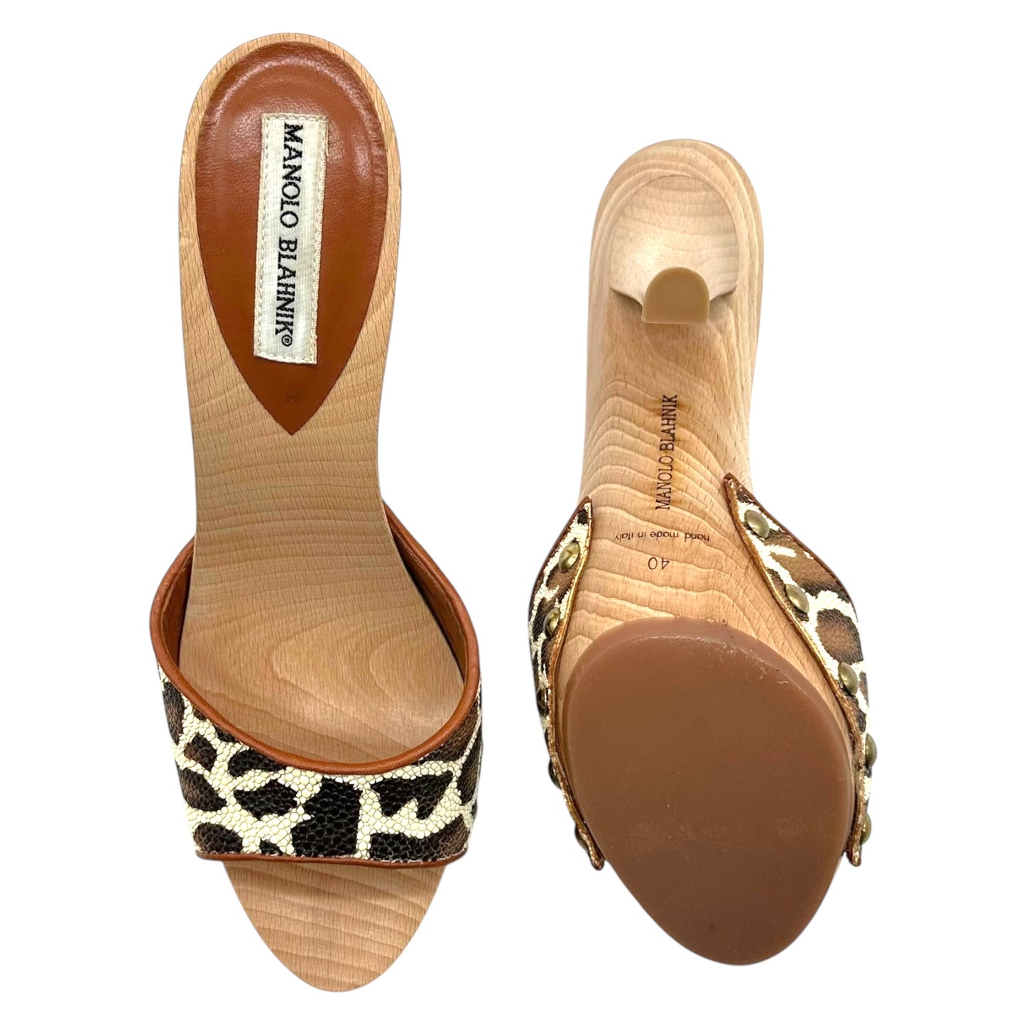 Manolo Blahnik Leopard Print Stingray Wooden Mule Heels