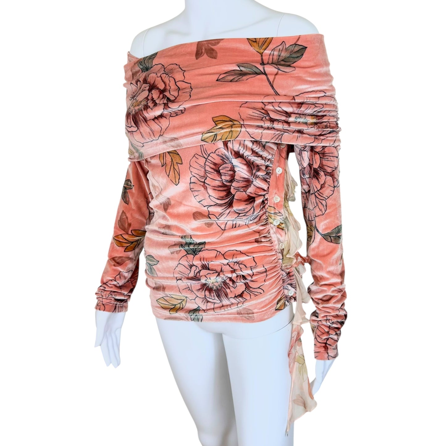 D&G Dolce & Gabbana Pink Floral Print Velvet Off the Shoulder Top