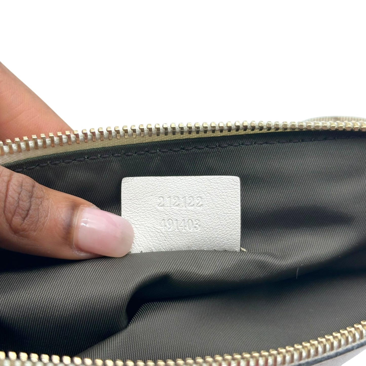 Gucci Tan Monogram & White Leather Trim Pochette Bag