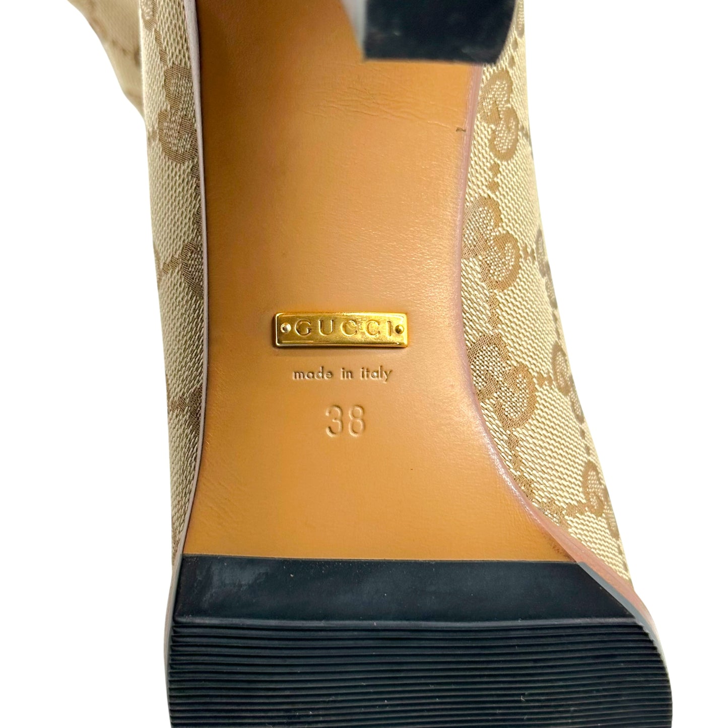 Gucci Heeled Knee High Boots Tan Monogram