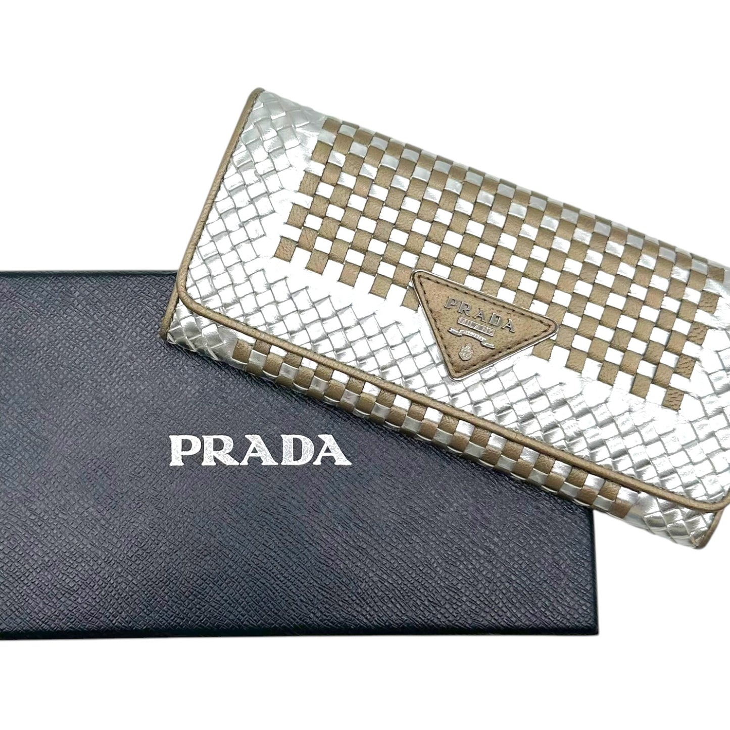 Prada Woven Long Wallet Metallic Silver Gold
