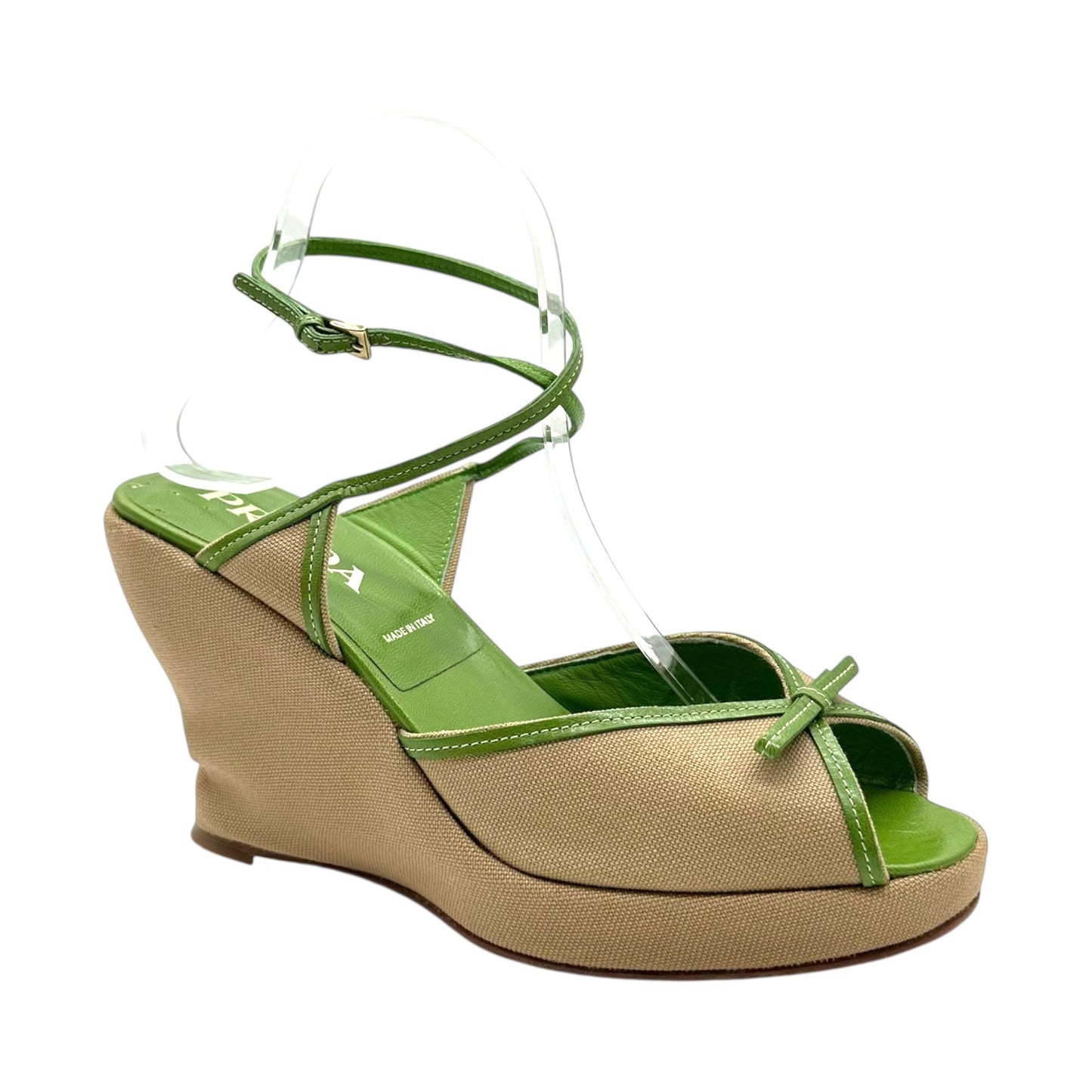 Prada 90's Green & Tan Bow Wedge Sandals