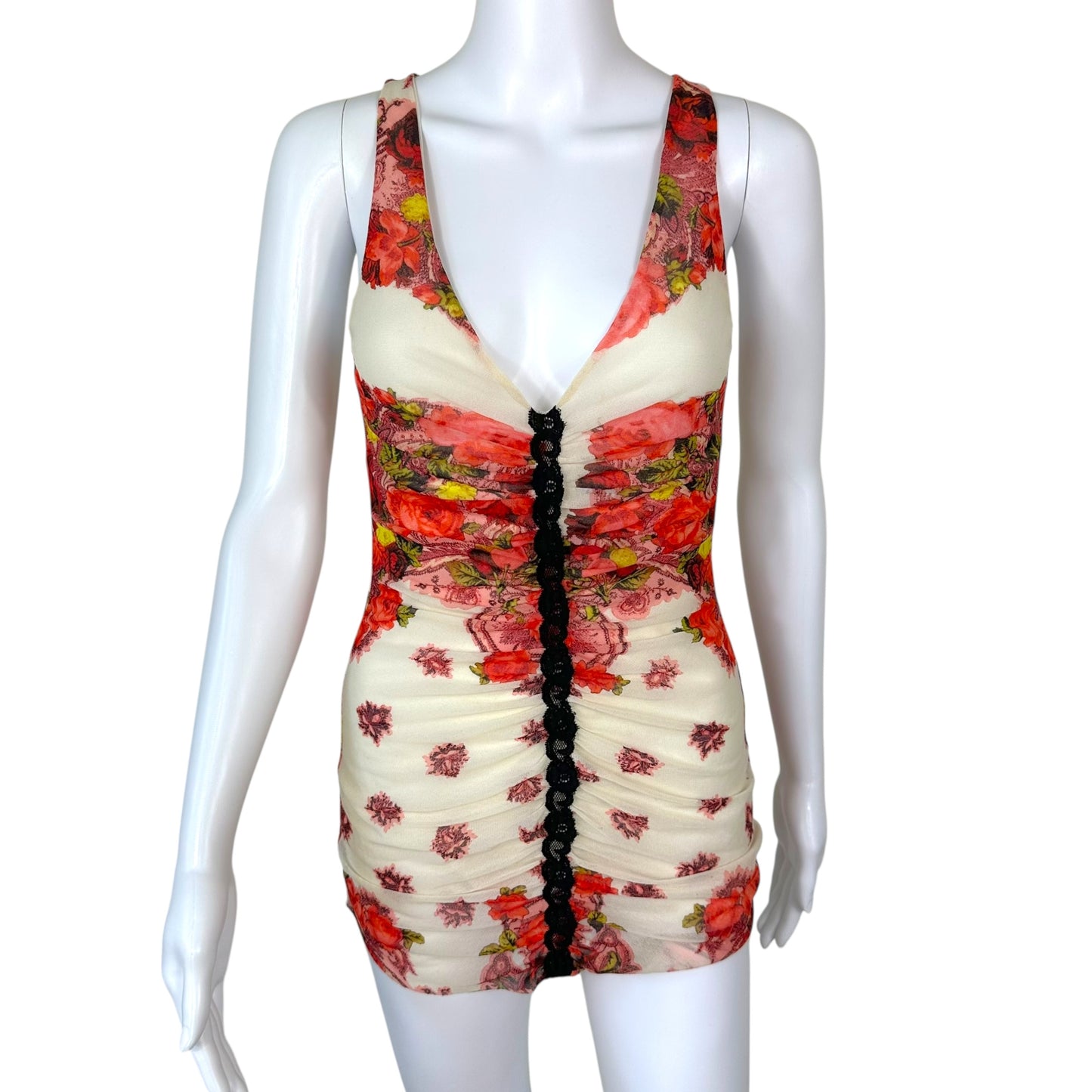 Jean Paul Gaultier Soleil Mesh Fruit Print Ruched Tank Top