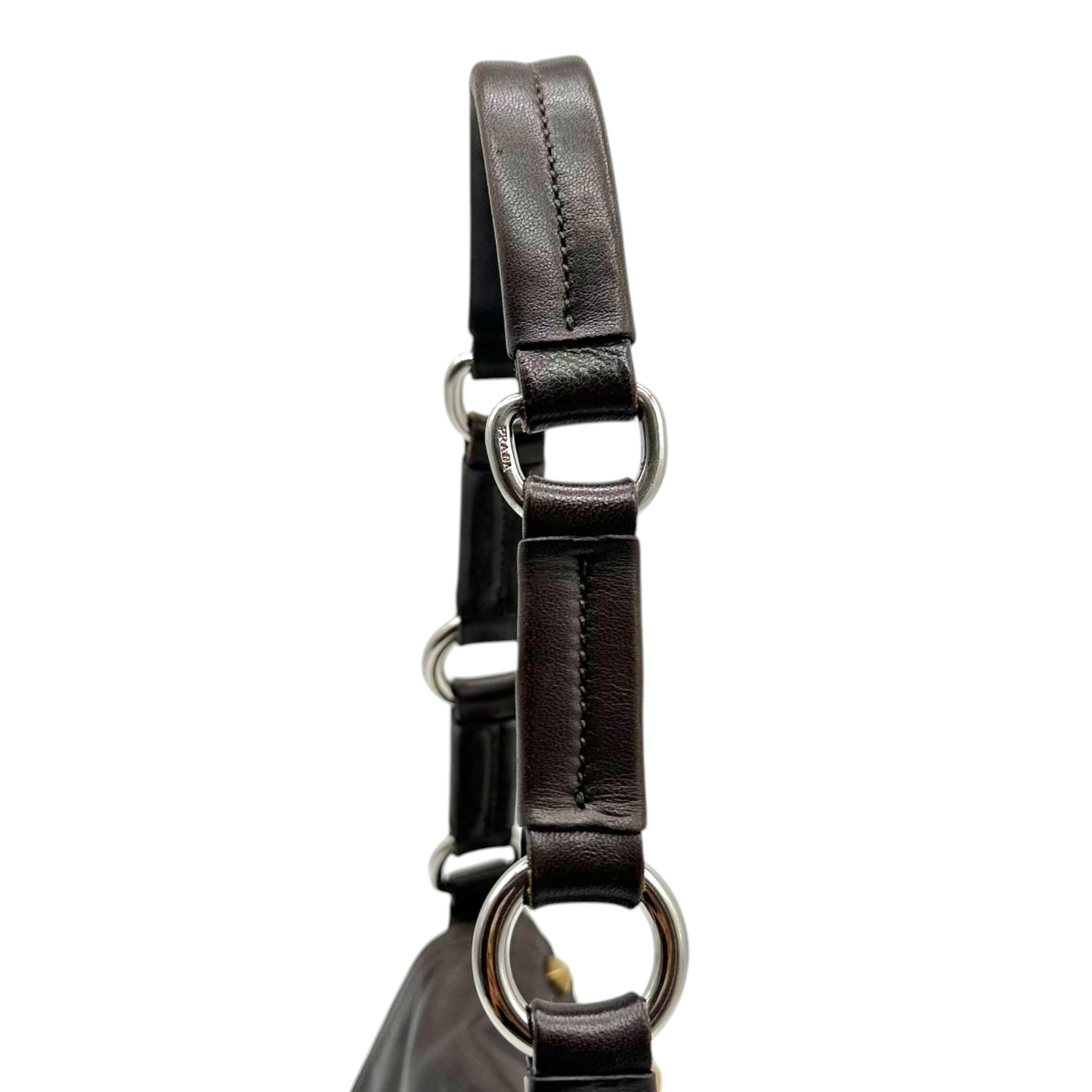 Prada Brown Leather Canvas Studded Shoulder Bag