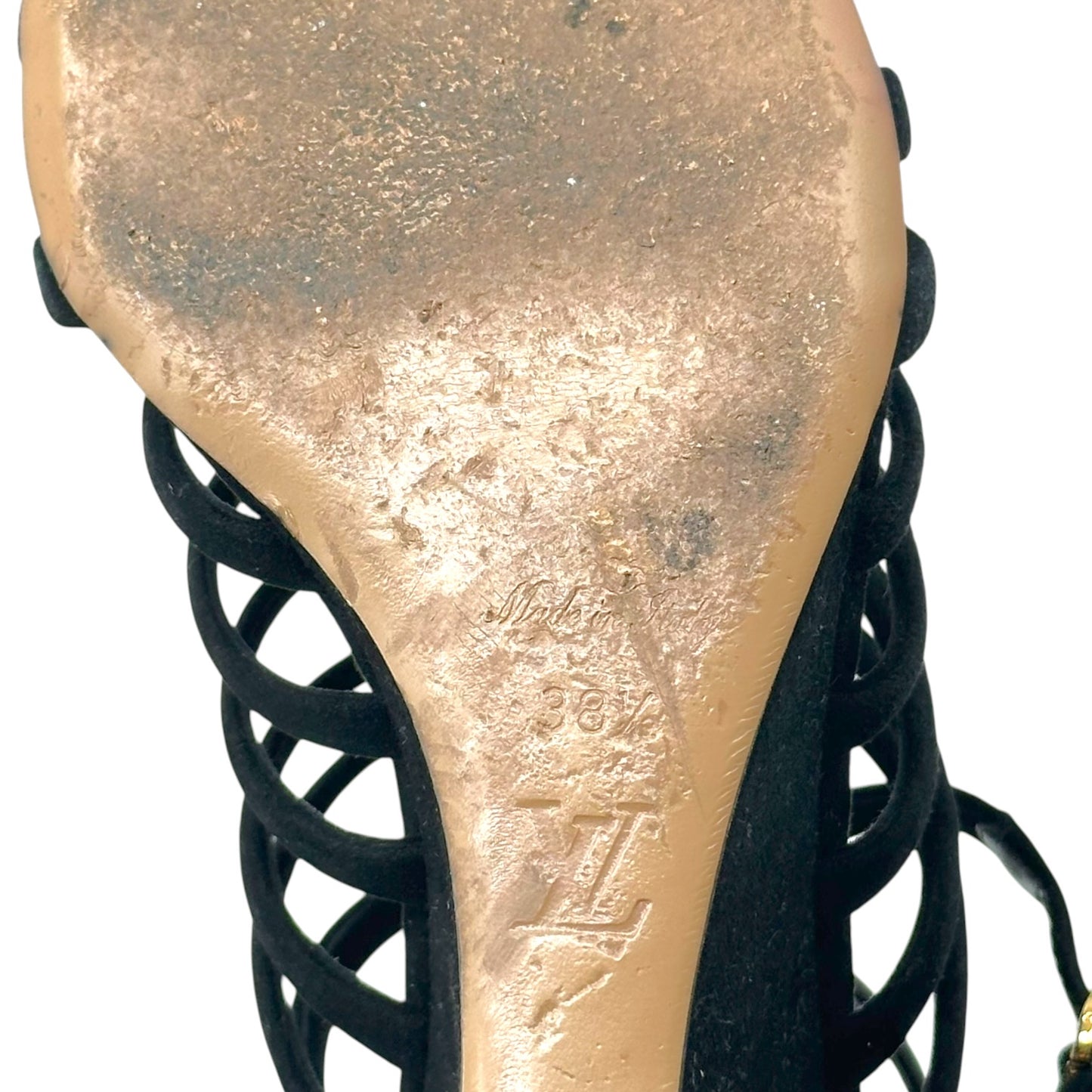 Louis Vuitton Black Suede & Gold Strappy Wedge Sandals - Outfit Repeater