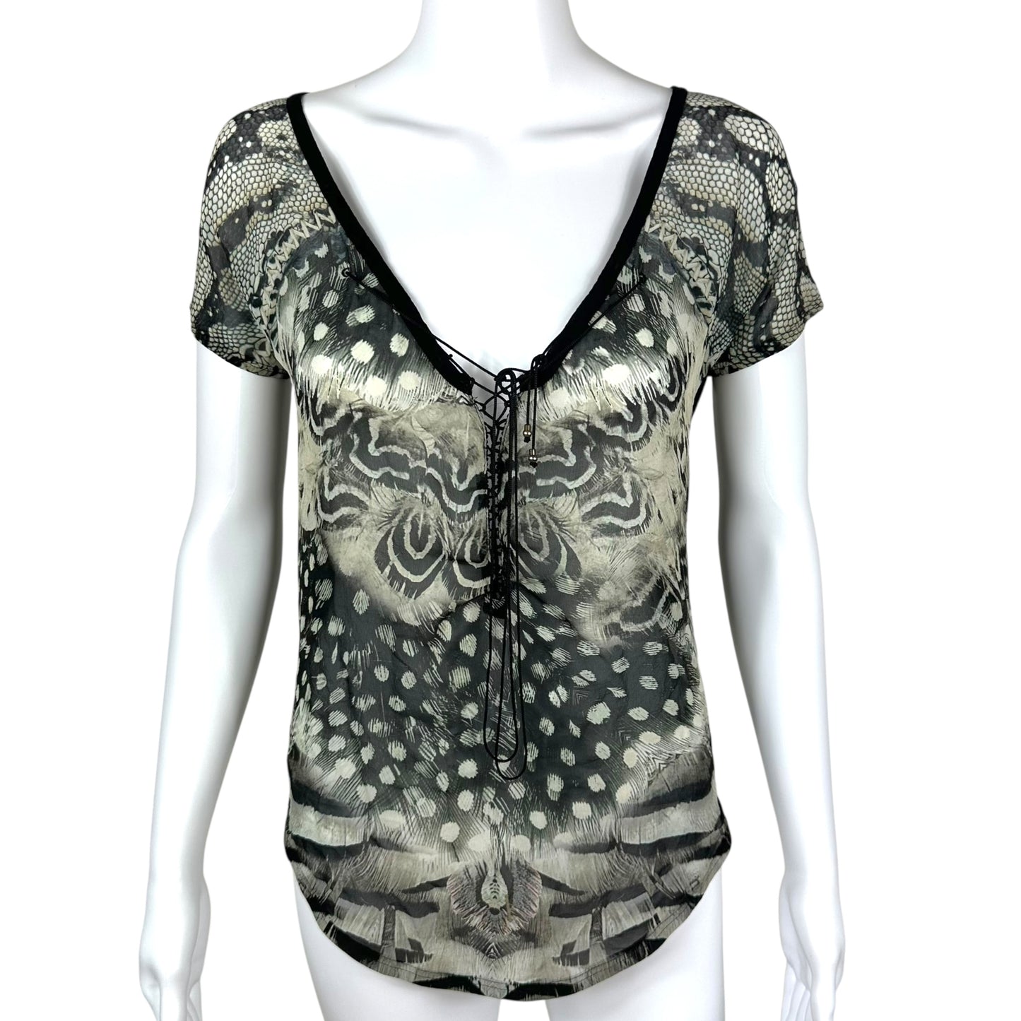 Roberto Cavalli Black & Gray Feather Print Lace Up Blouse Top