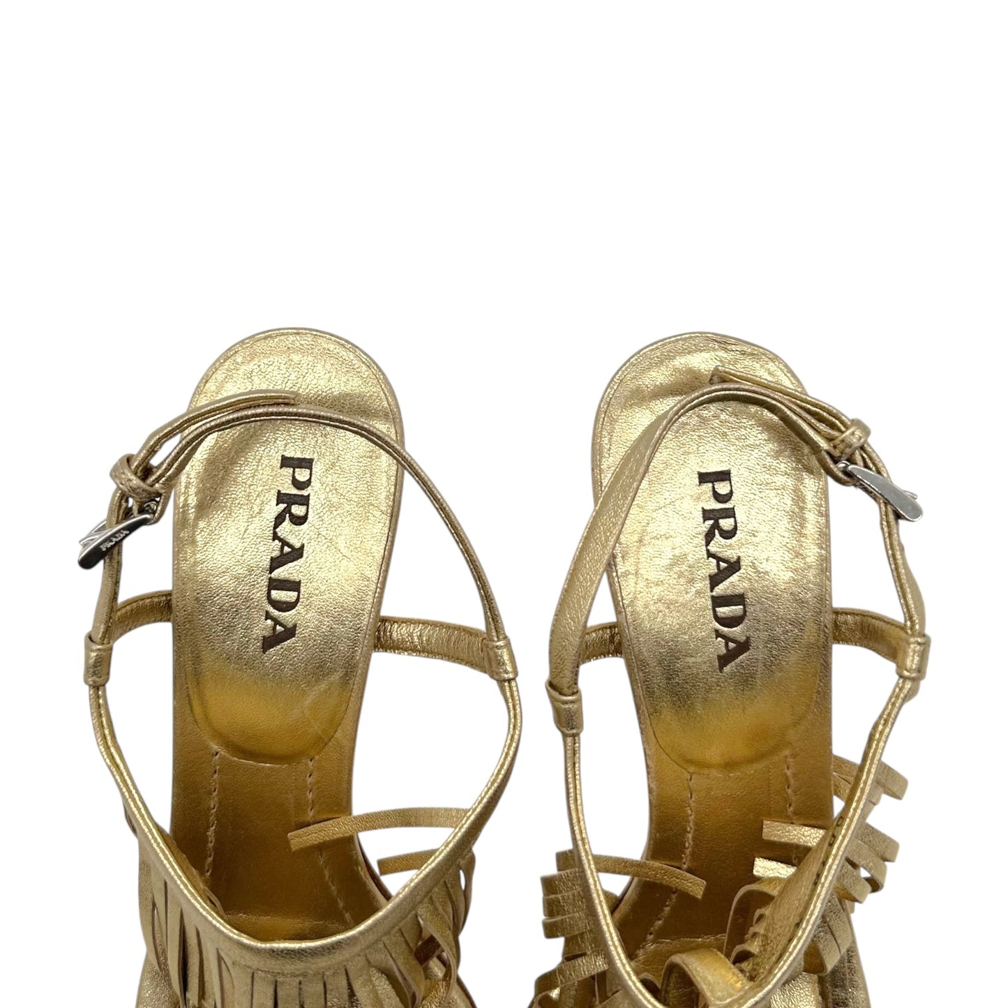 Prada Gold Fringe Kitten Heel Thong Sandals