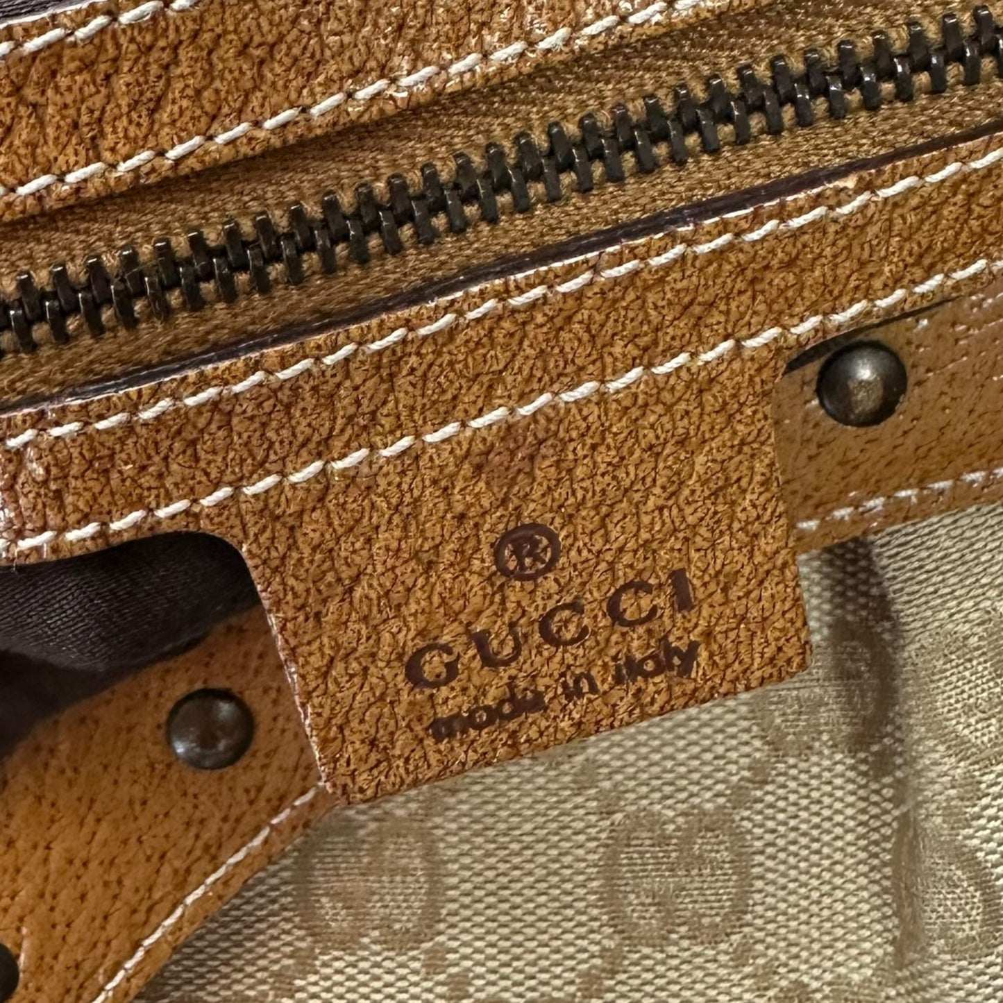 Gucci Tan Monogram Studded Bamboo Handle Shoulder Bag