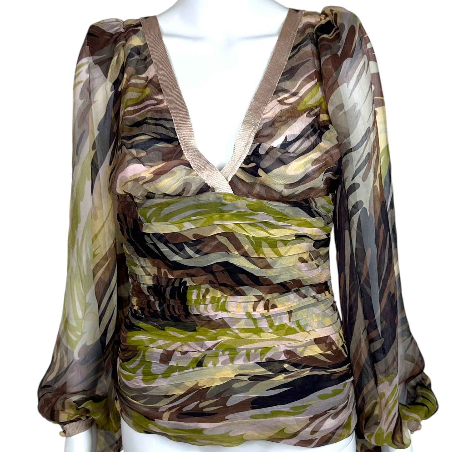 Missoni Silk Camo Print Ruched Puff Sleeve Blouse